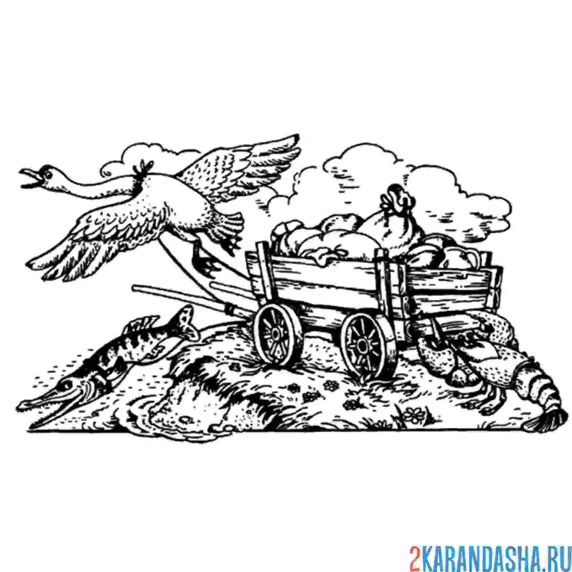 Раскраска басня лебедь рак и щука