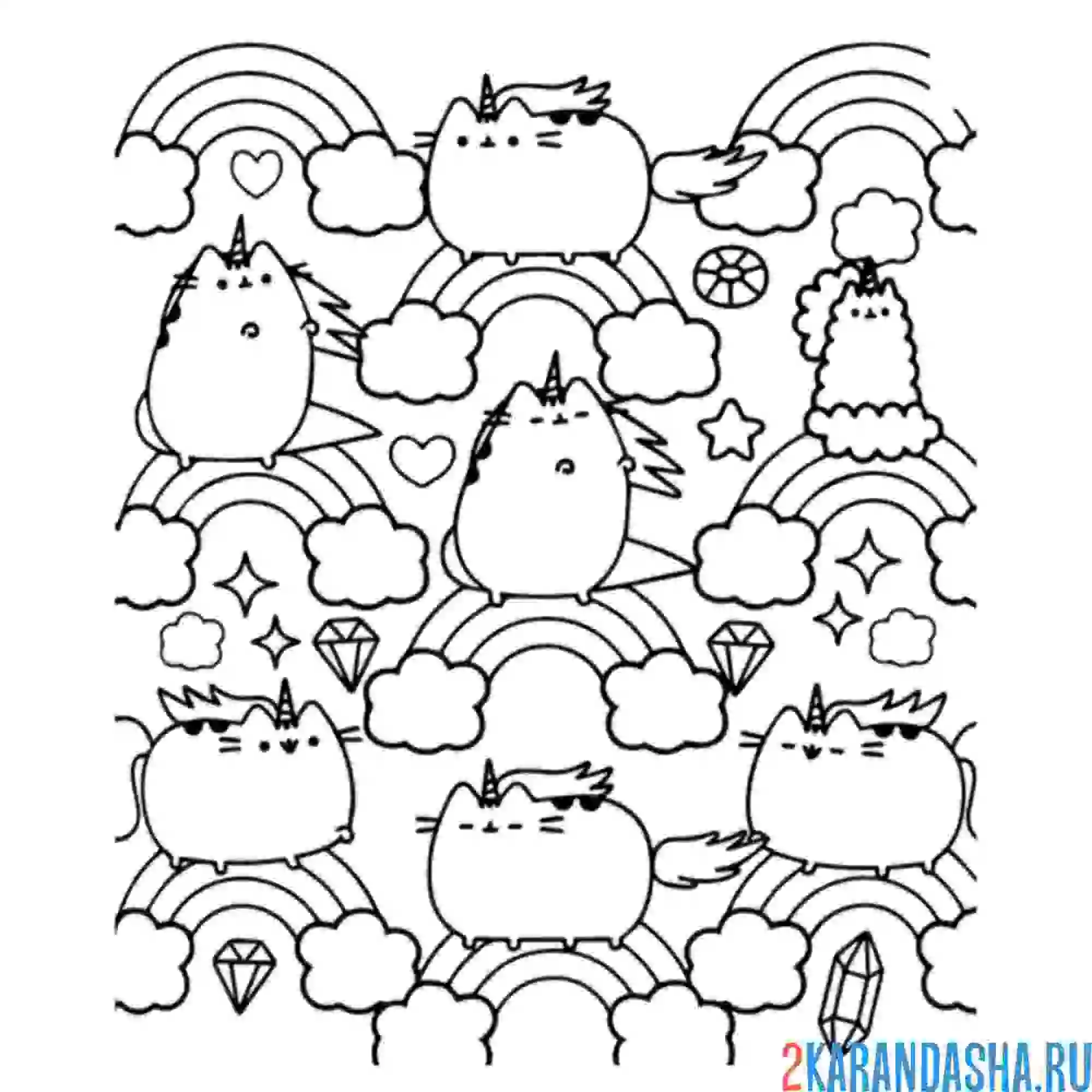 Раскраска кот пушин-единорог