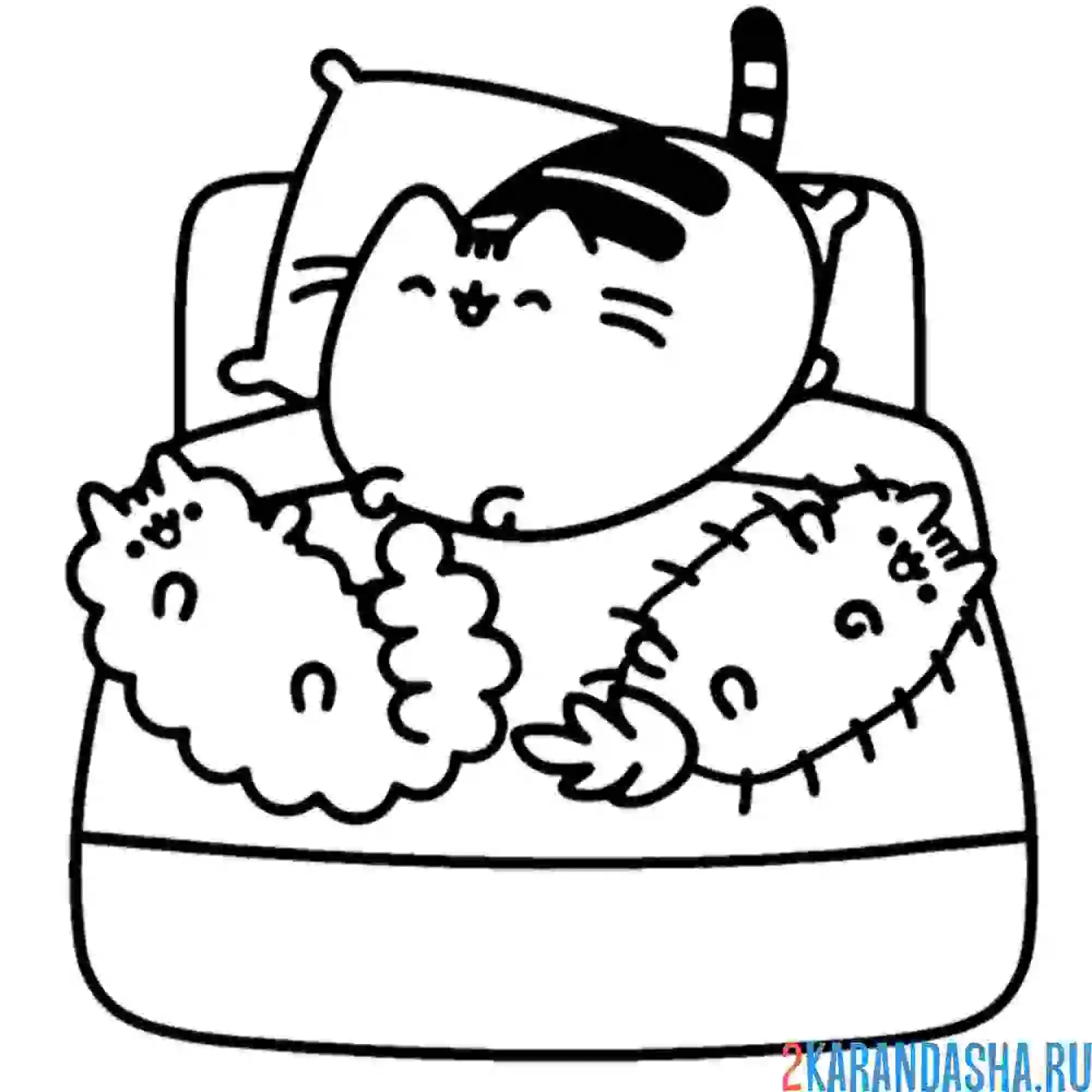 Раскраска кот пушин на кроватке