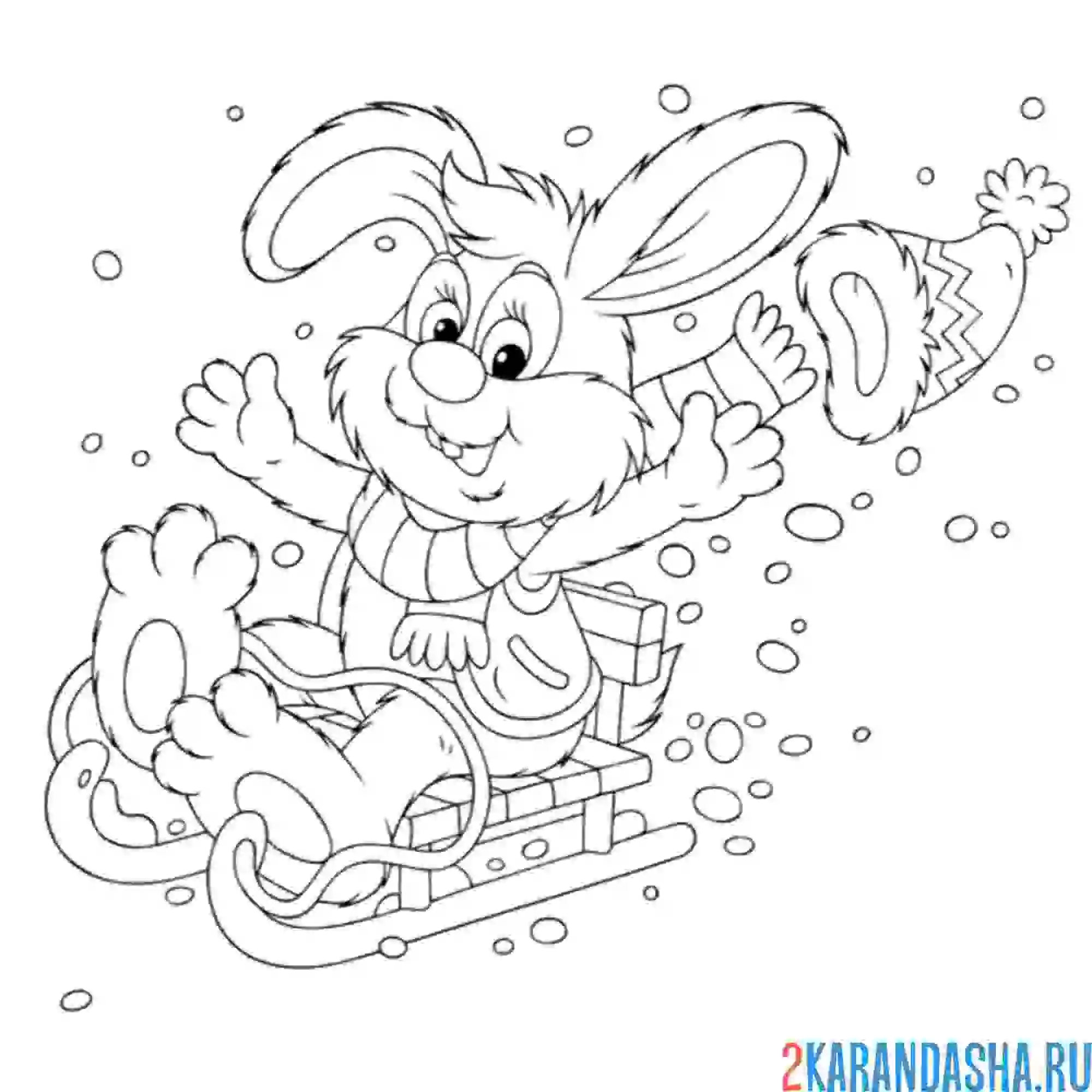Раскраска заяц на санках