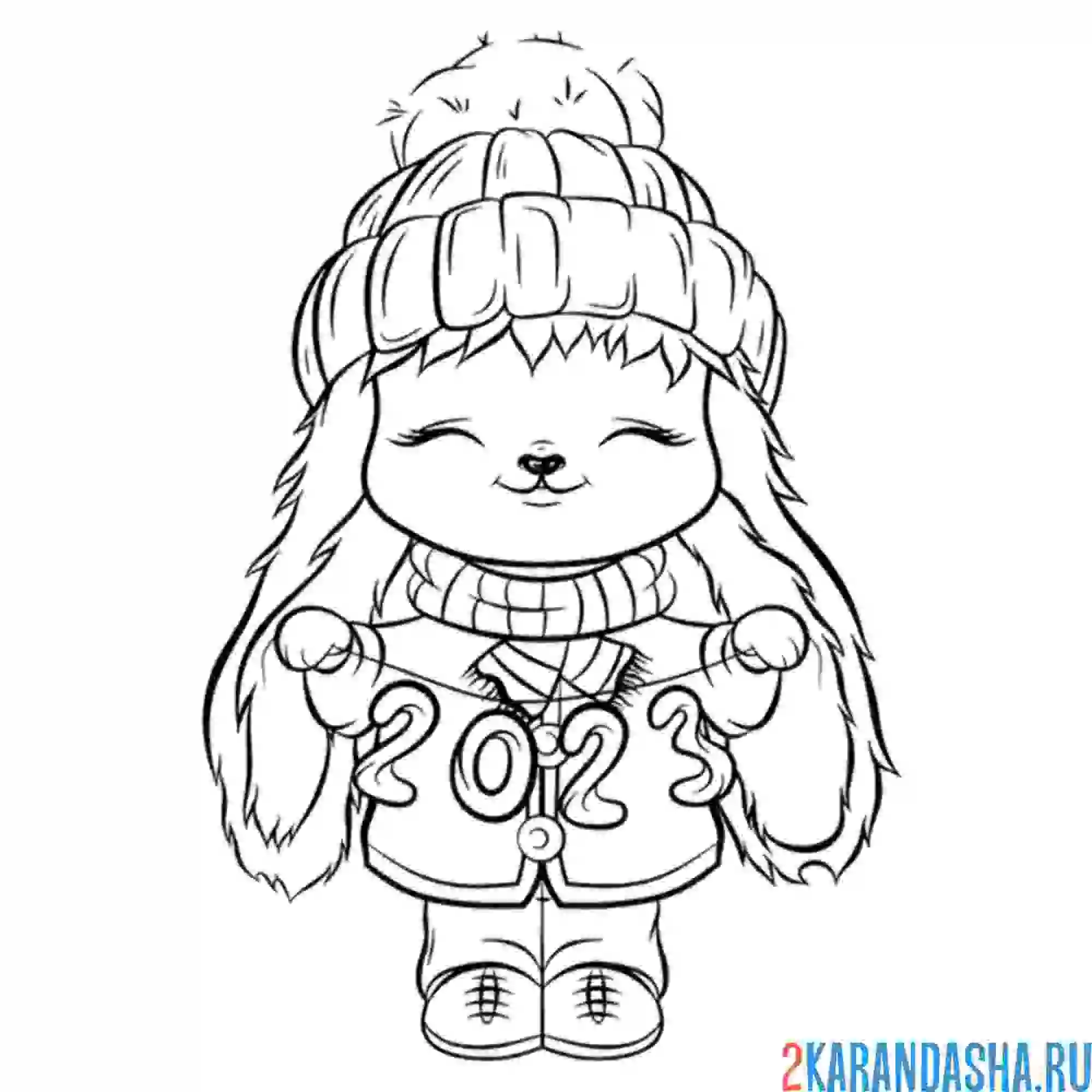 Раскраска кролик зайка в зимней одежде