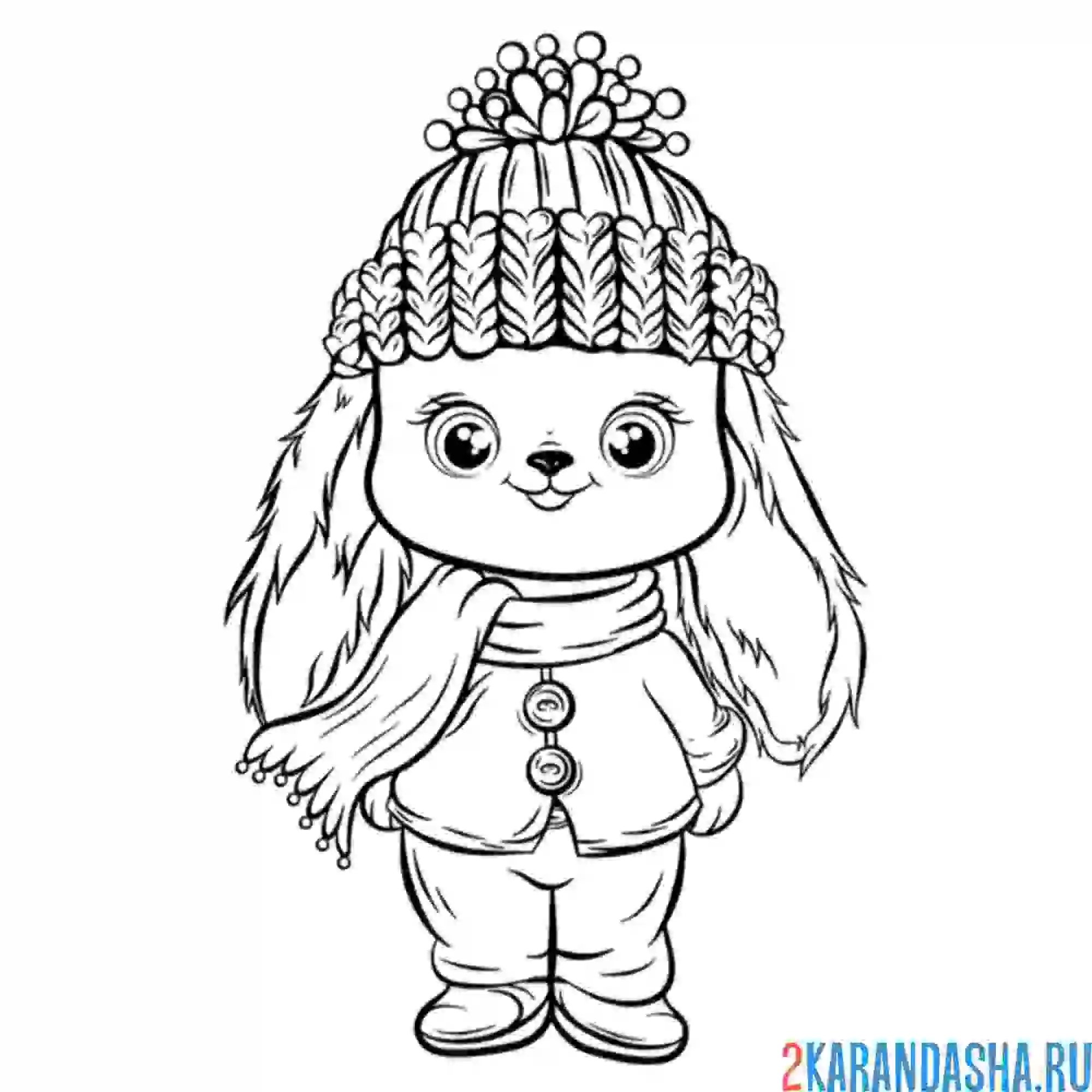 Раскраска кролик заяц в теплой одежде