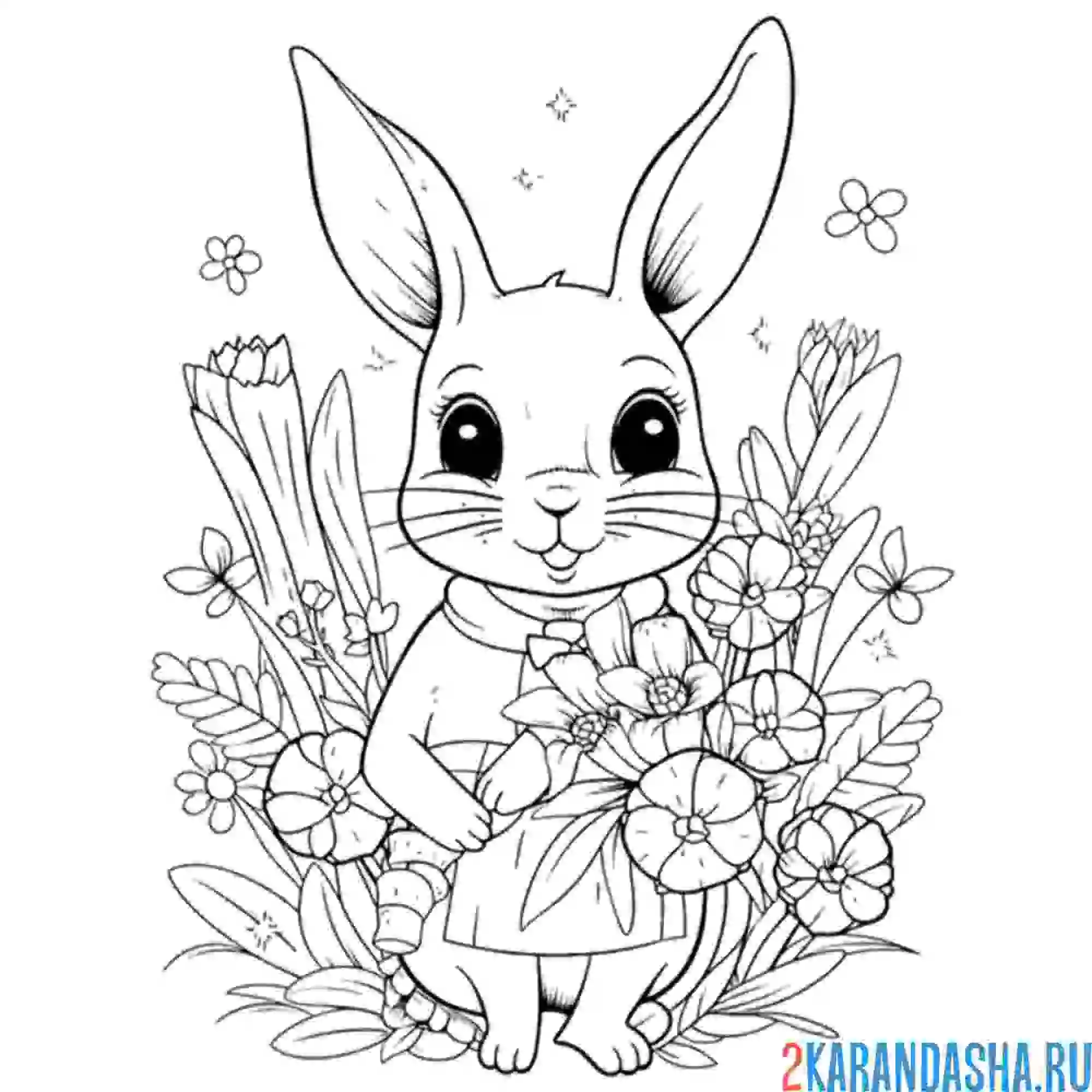 Раскраска милый зайка спрятался в цветах