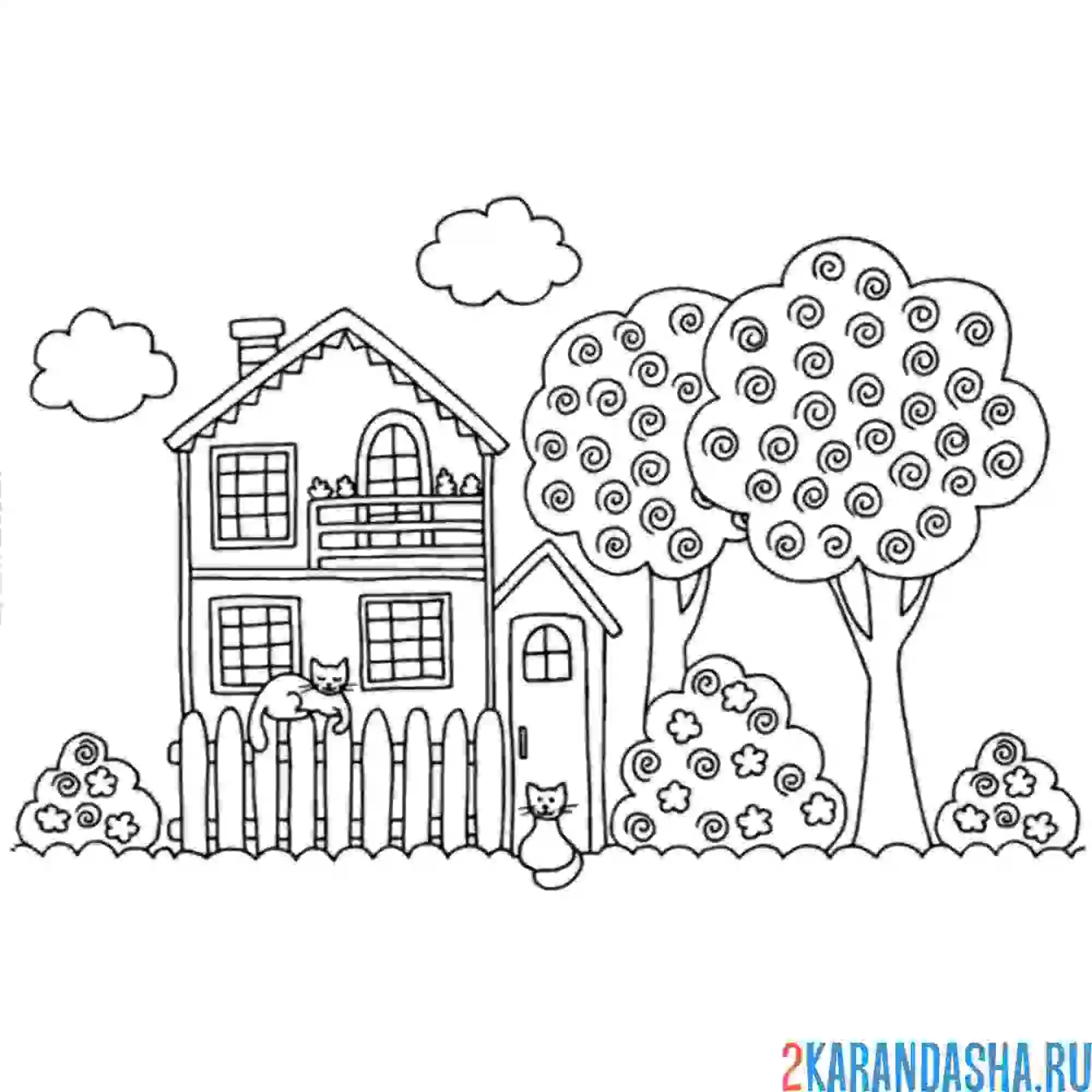 Раскраска дом и котик на заборе