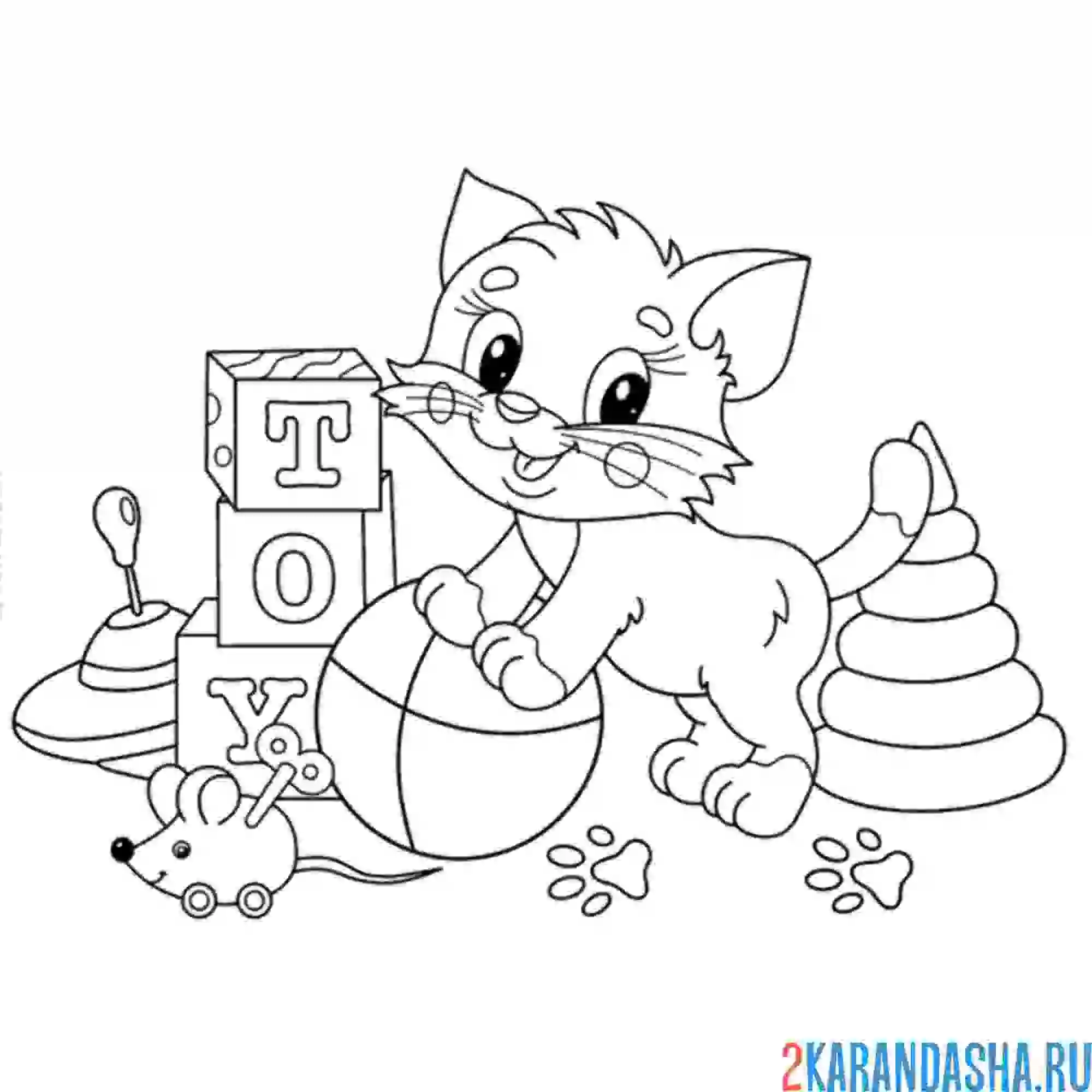 Раскраска кот играет в игрушки
