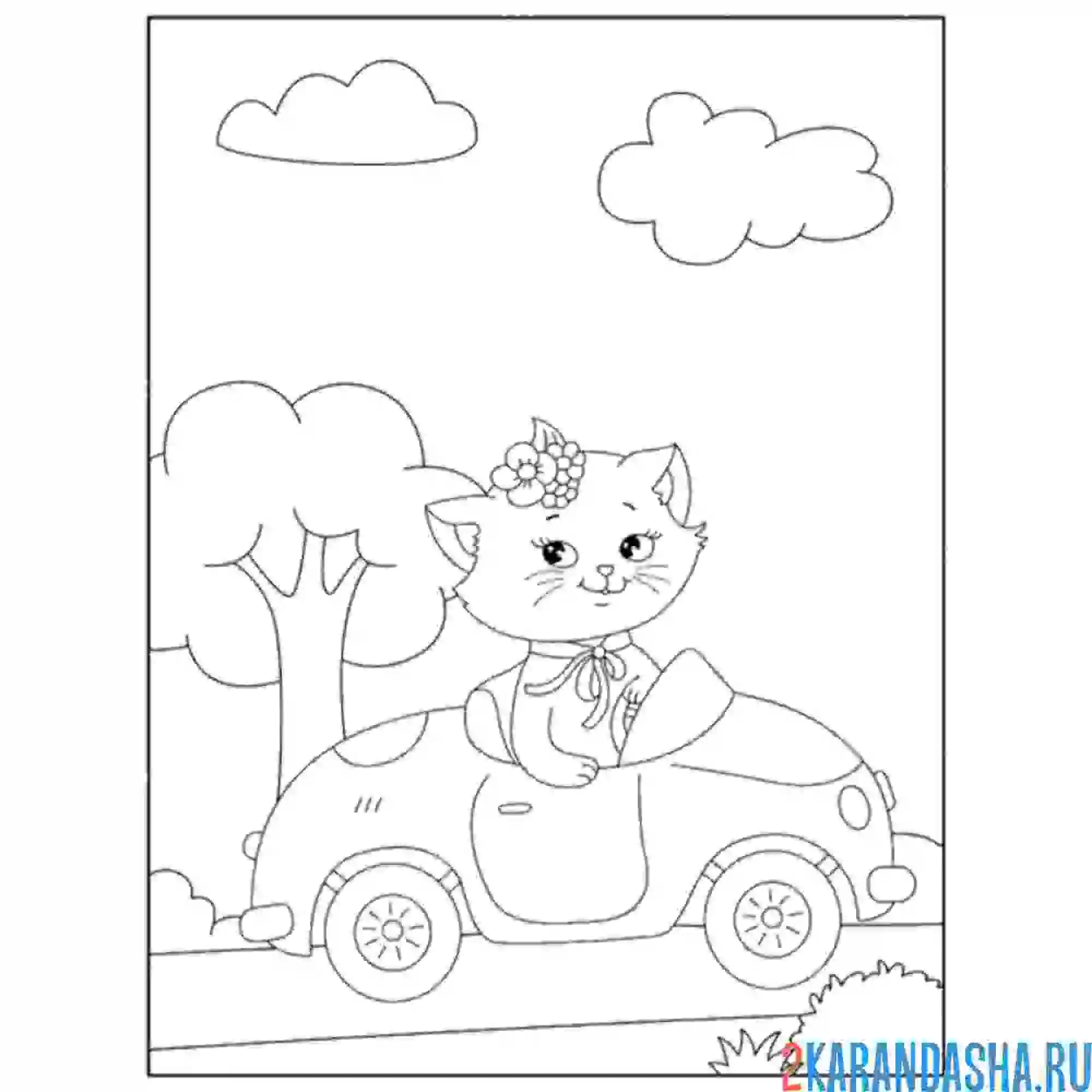 Раскраска кошка на машине