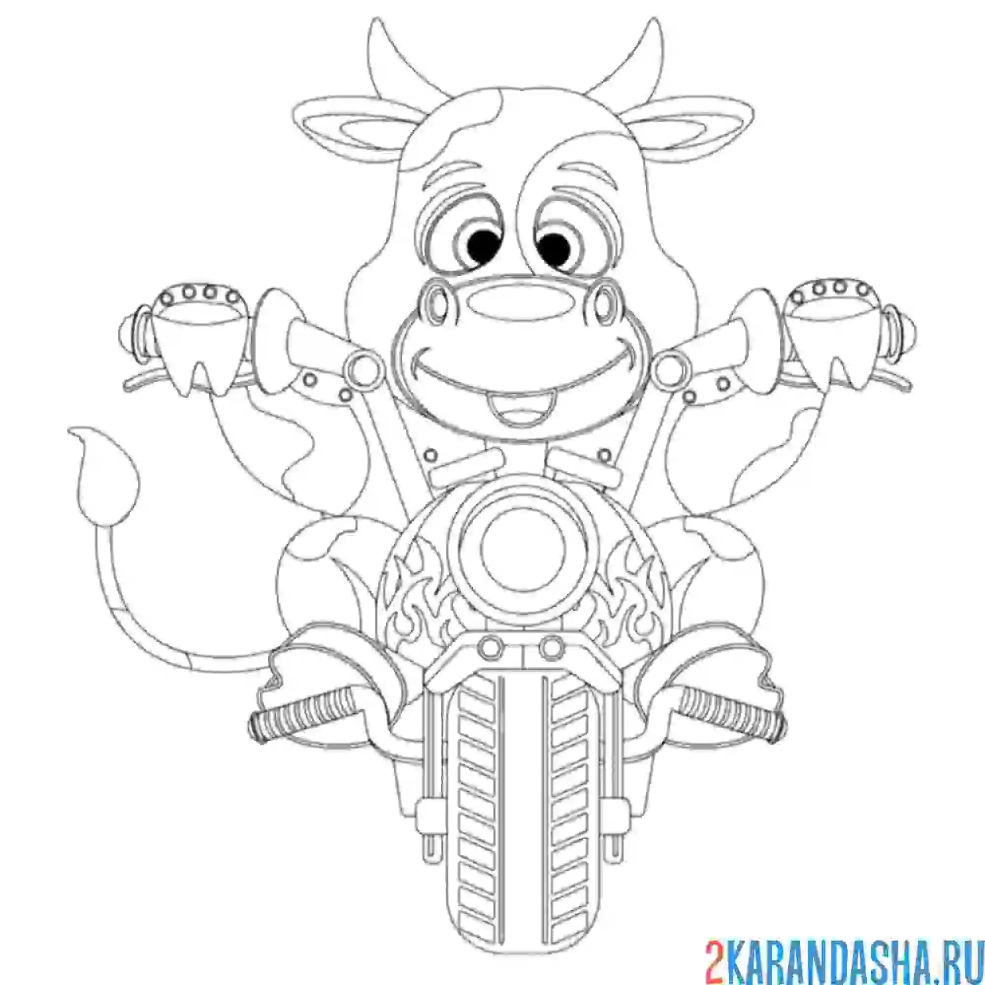 Раскраска бык на мотоцикле