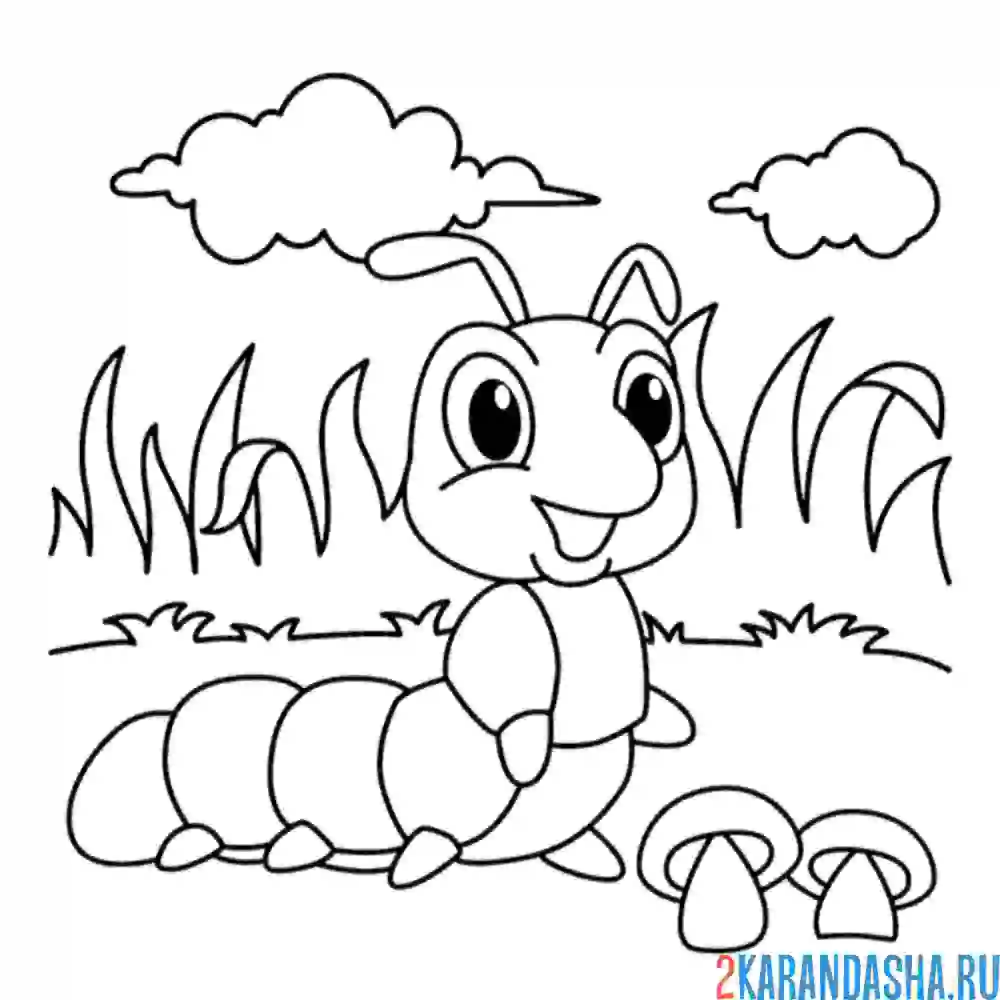 Раскраска гусеница нашла гриб