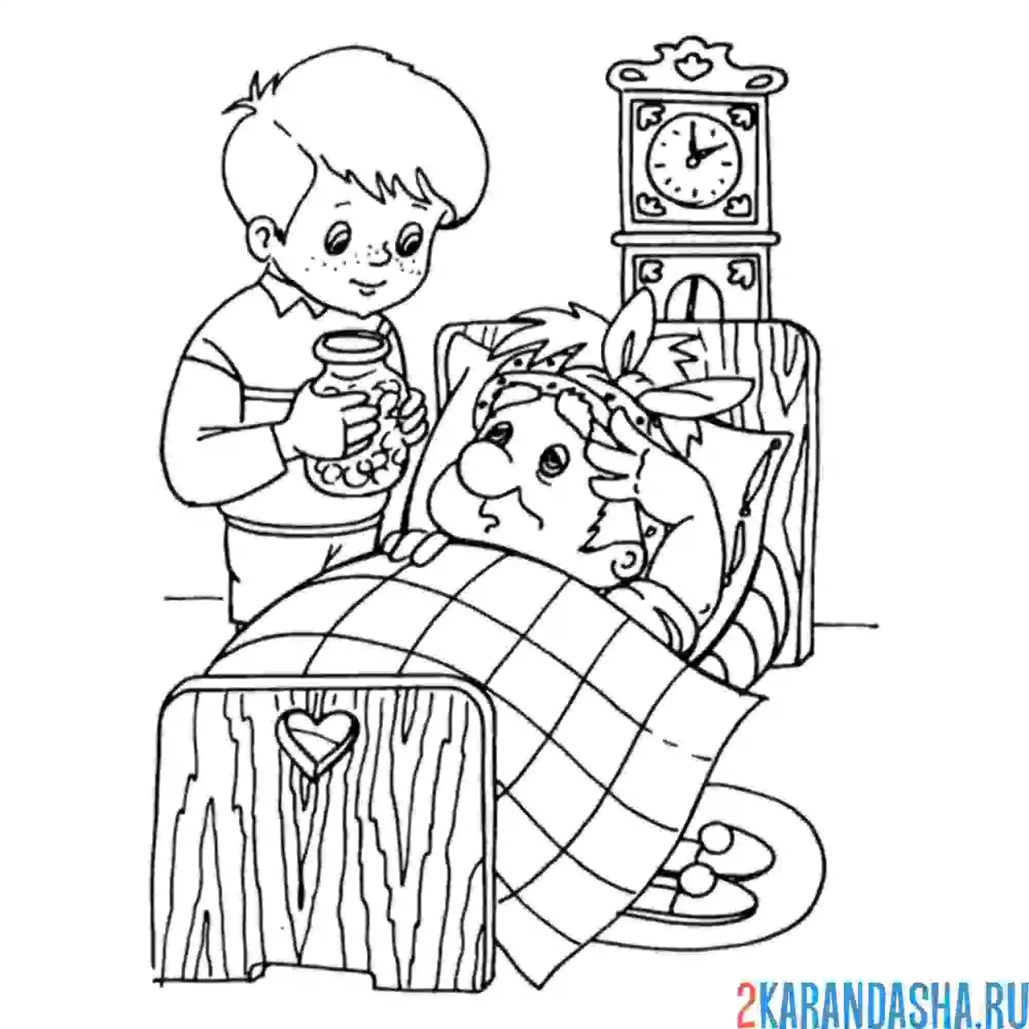 Раскраска малыш лечит карлсона