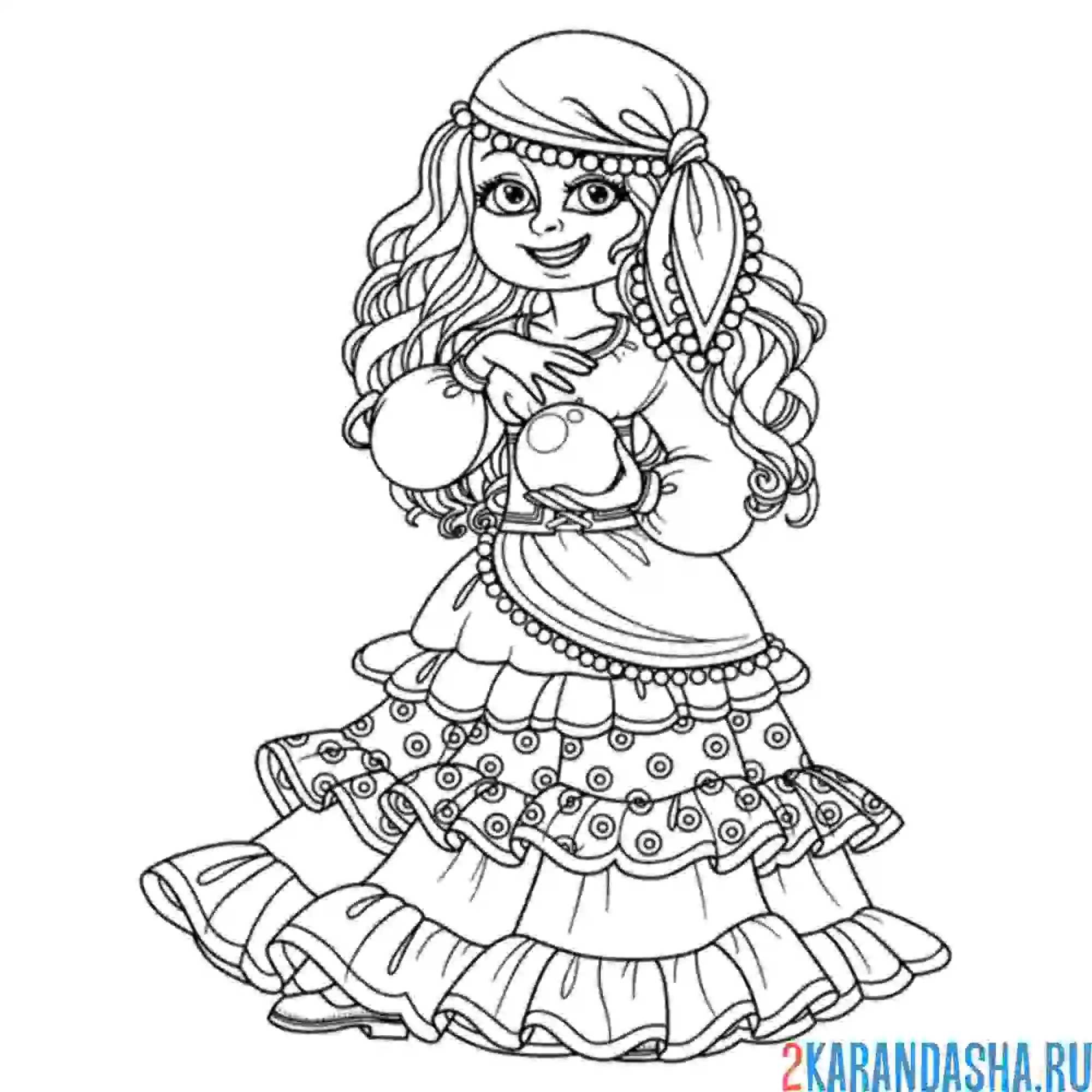 Раскраска женский цыганский костюм