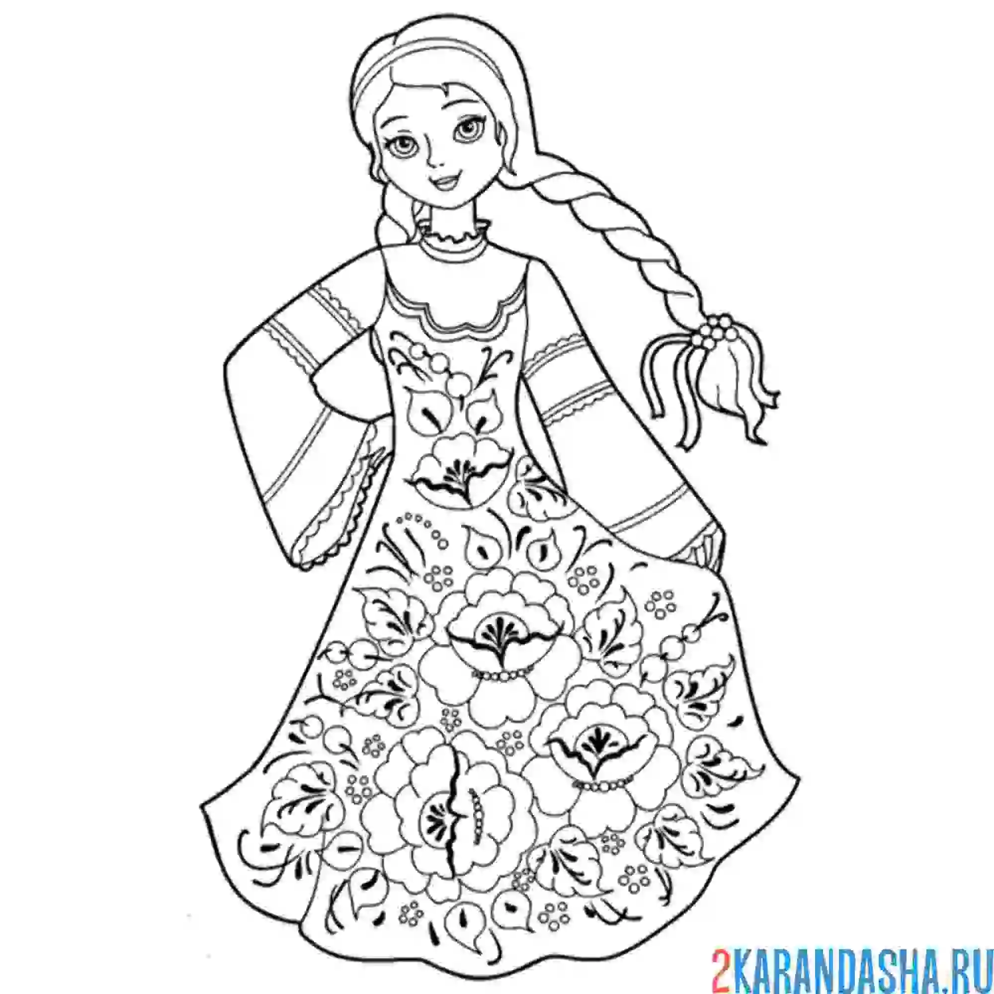 Раскраска девушка в русском народном платье