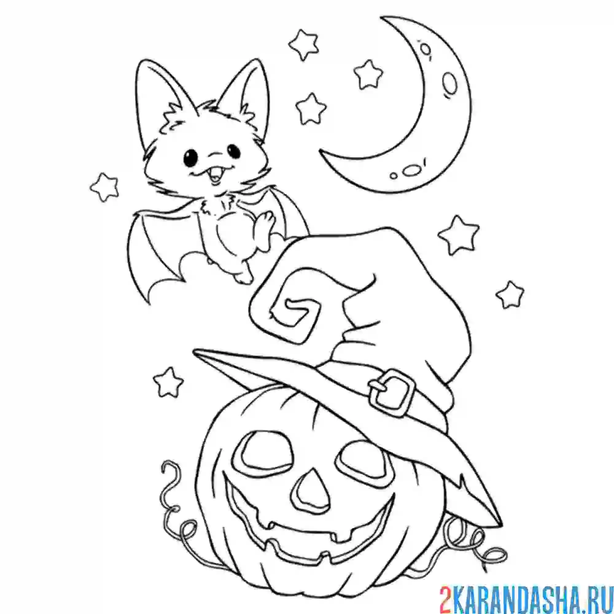 Раскраска летучая мышь и тыква на хэллоуин