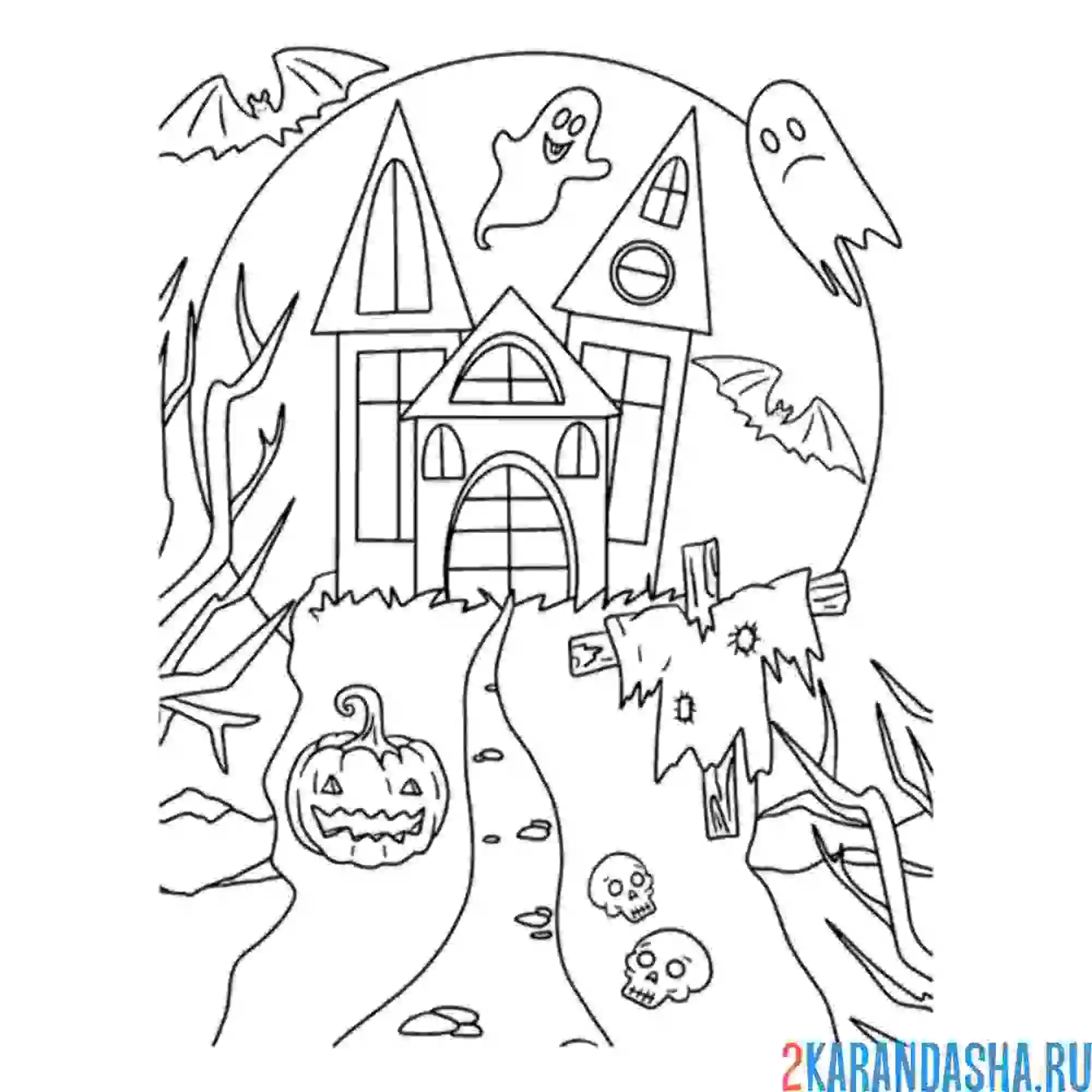 Раскраска дом с призраками на хэллоуин