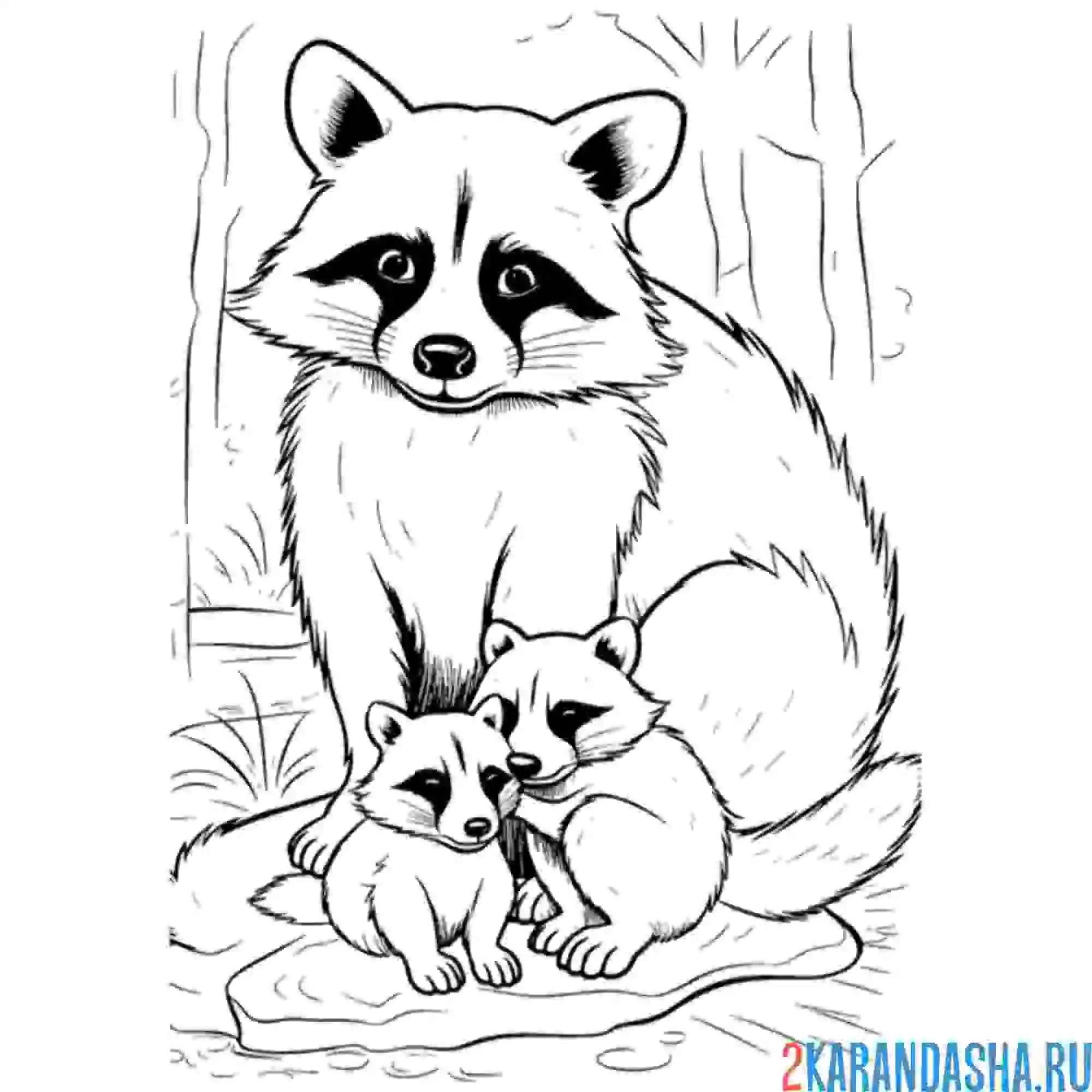 Раскраска мама енот и двое малышей