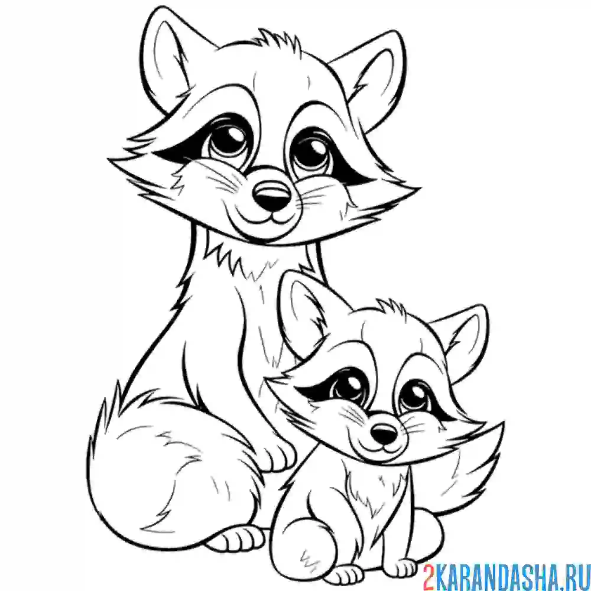 Раскраска мама и ребенок еноты