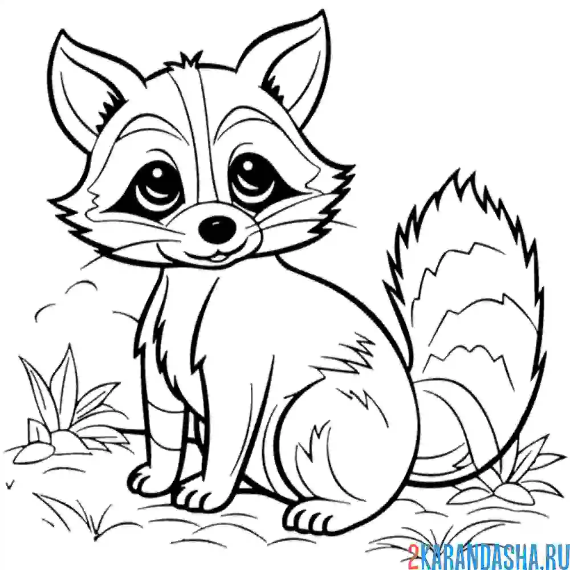 Раскраска енот на лужайке