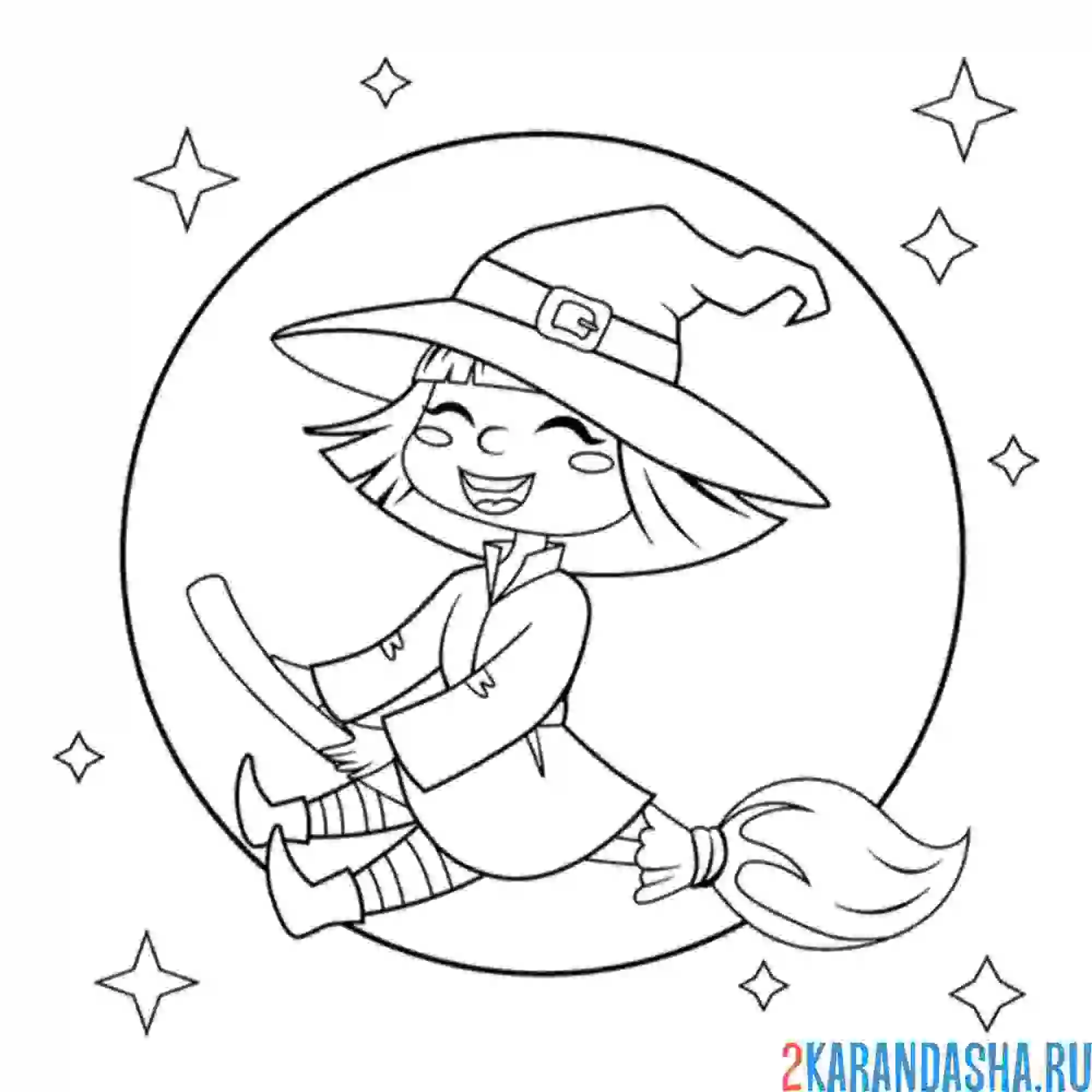 Раскраска милая ведьма на метле и луна