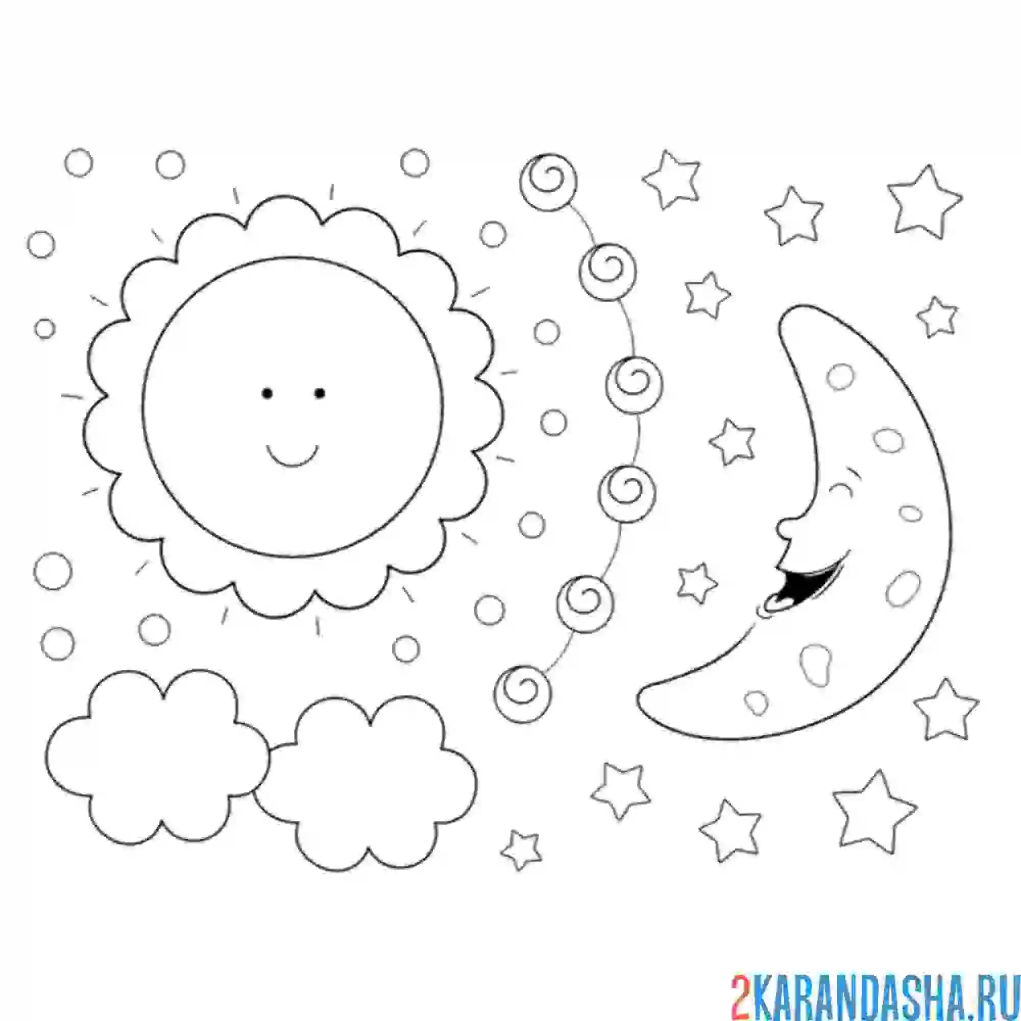 Раскраска солнце и луна на небе