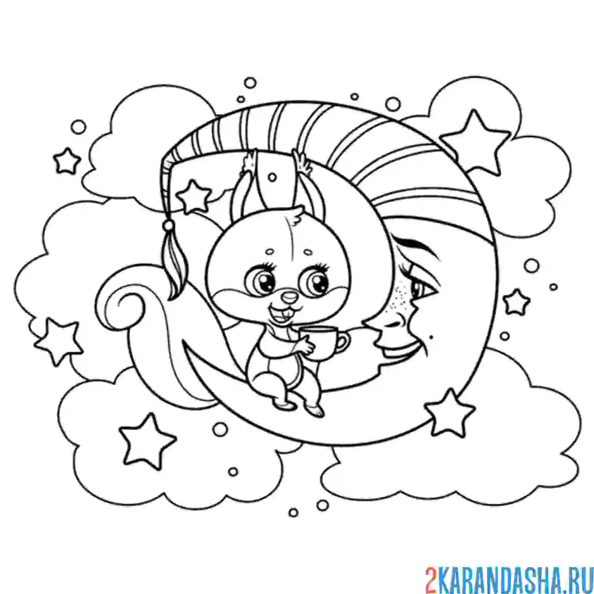 Раскраска белочка на луне