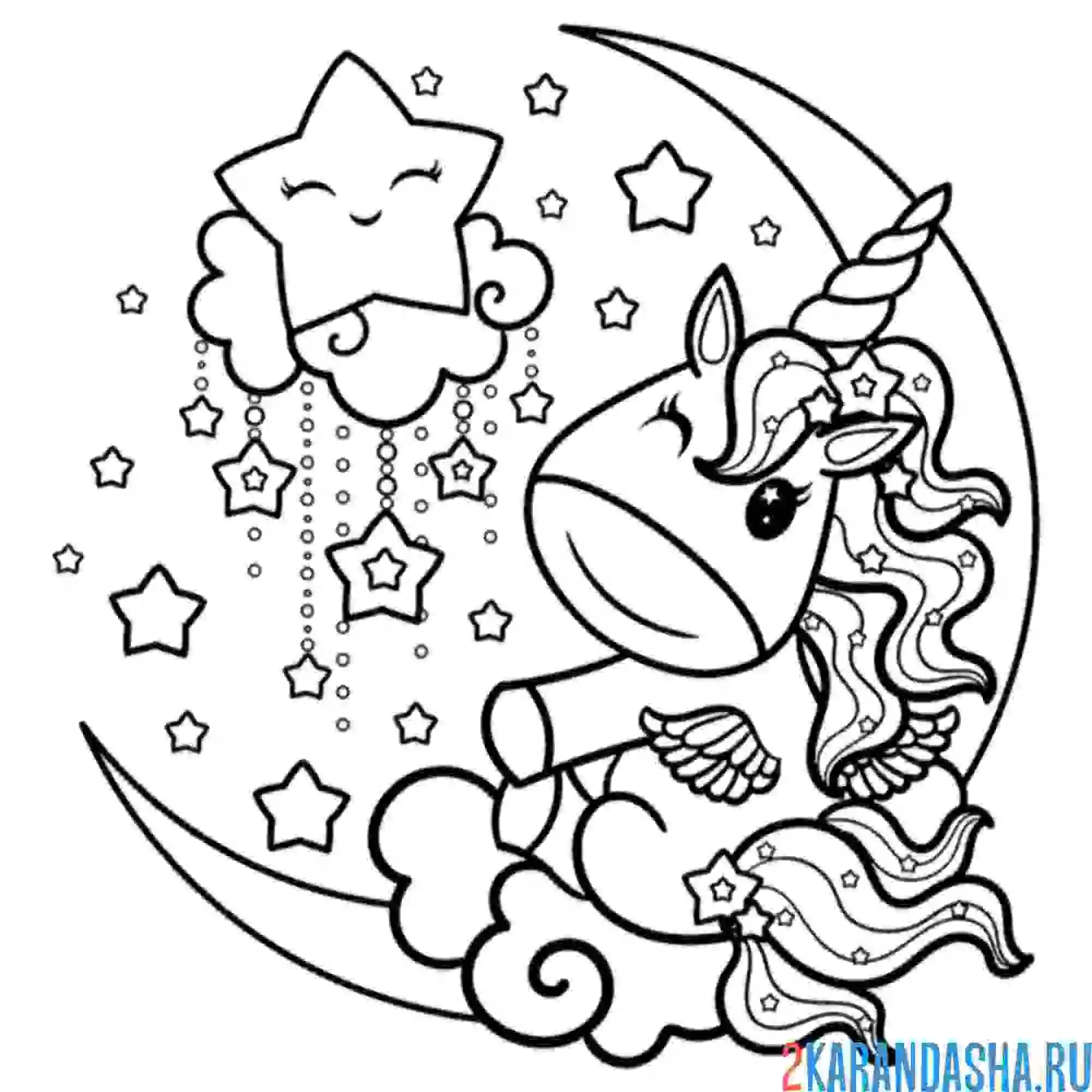 Раскраска единорог на луне и звезды