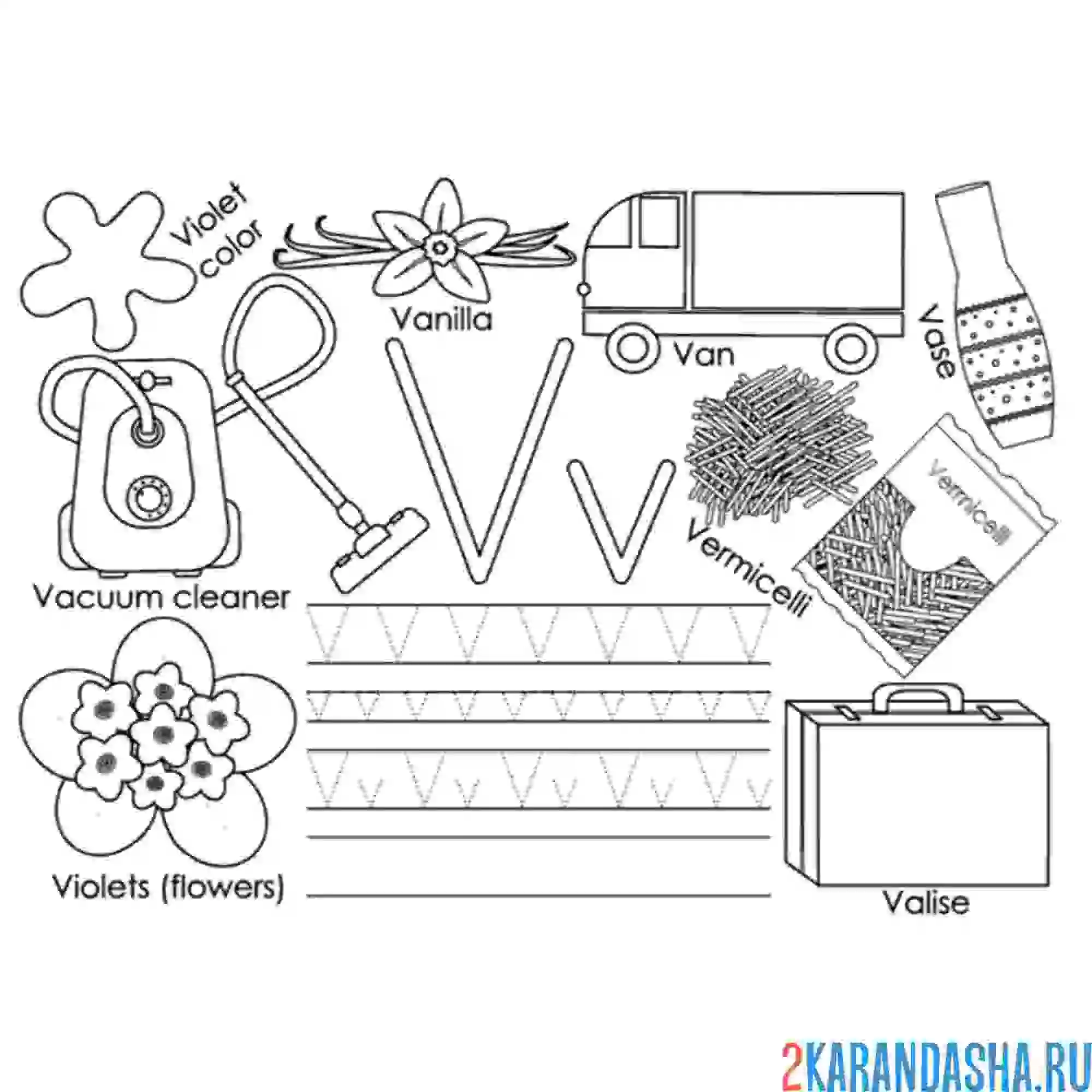 Раскраска английские прописи буква v