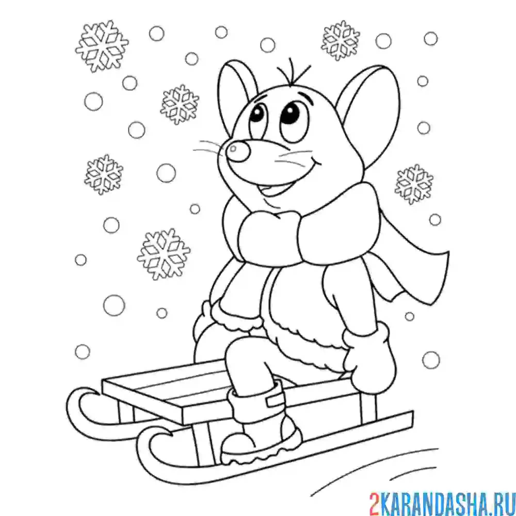 Раскраска мышь на санках