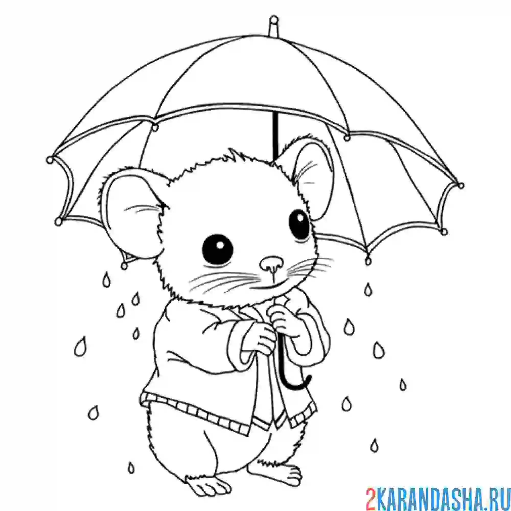 Раскраска мышь под зонтиком