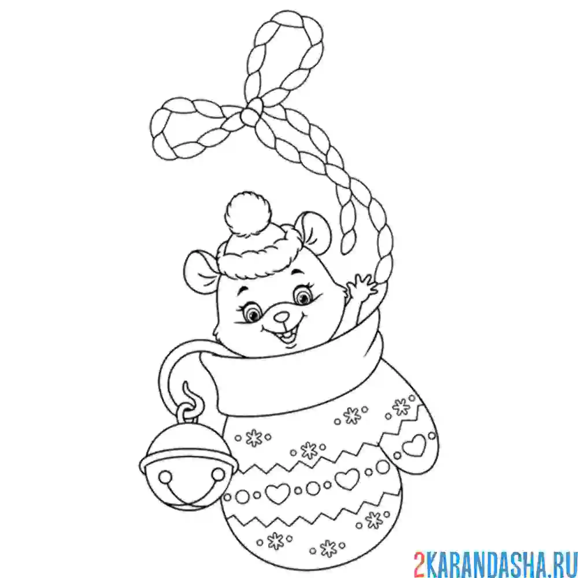 Раскраска новогодняя мышка в варежке