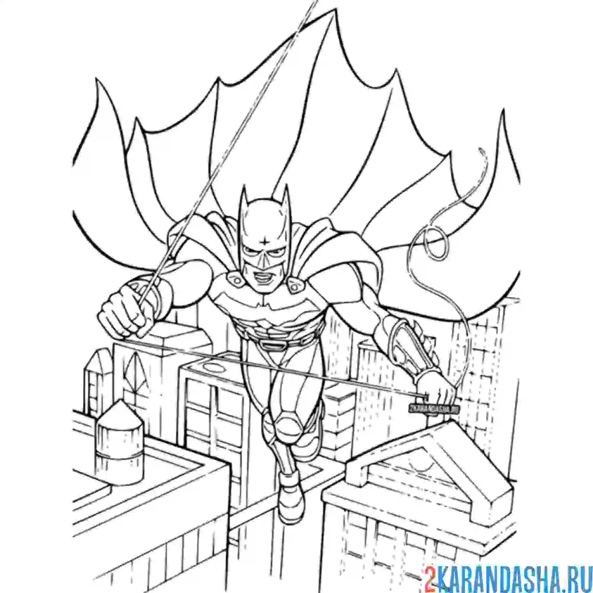 Раскраска бэтмен летит над городом