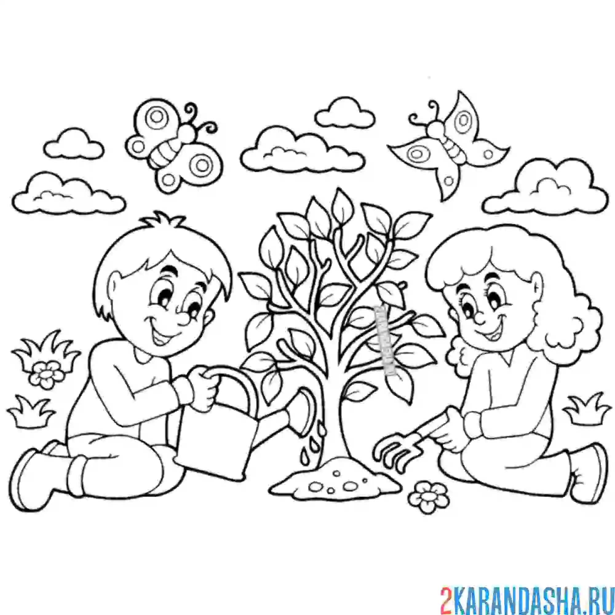 Раскраска дети сажают деревья