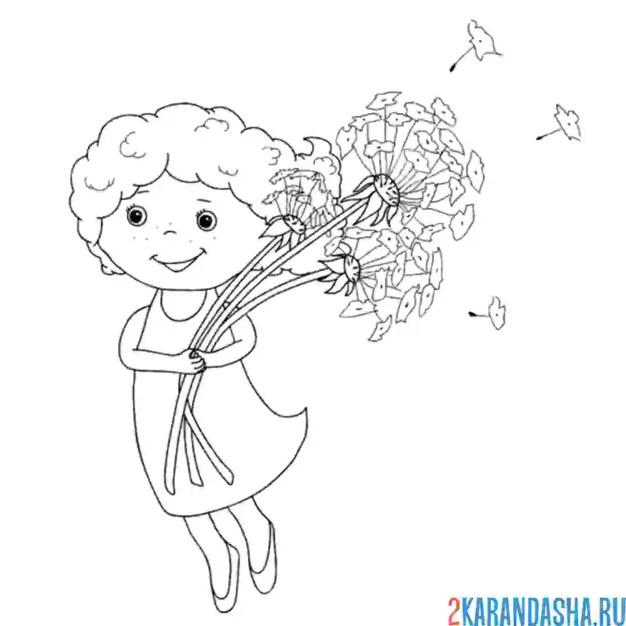 Раскраска девочка с одуванчиками