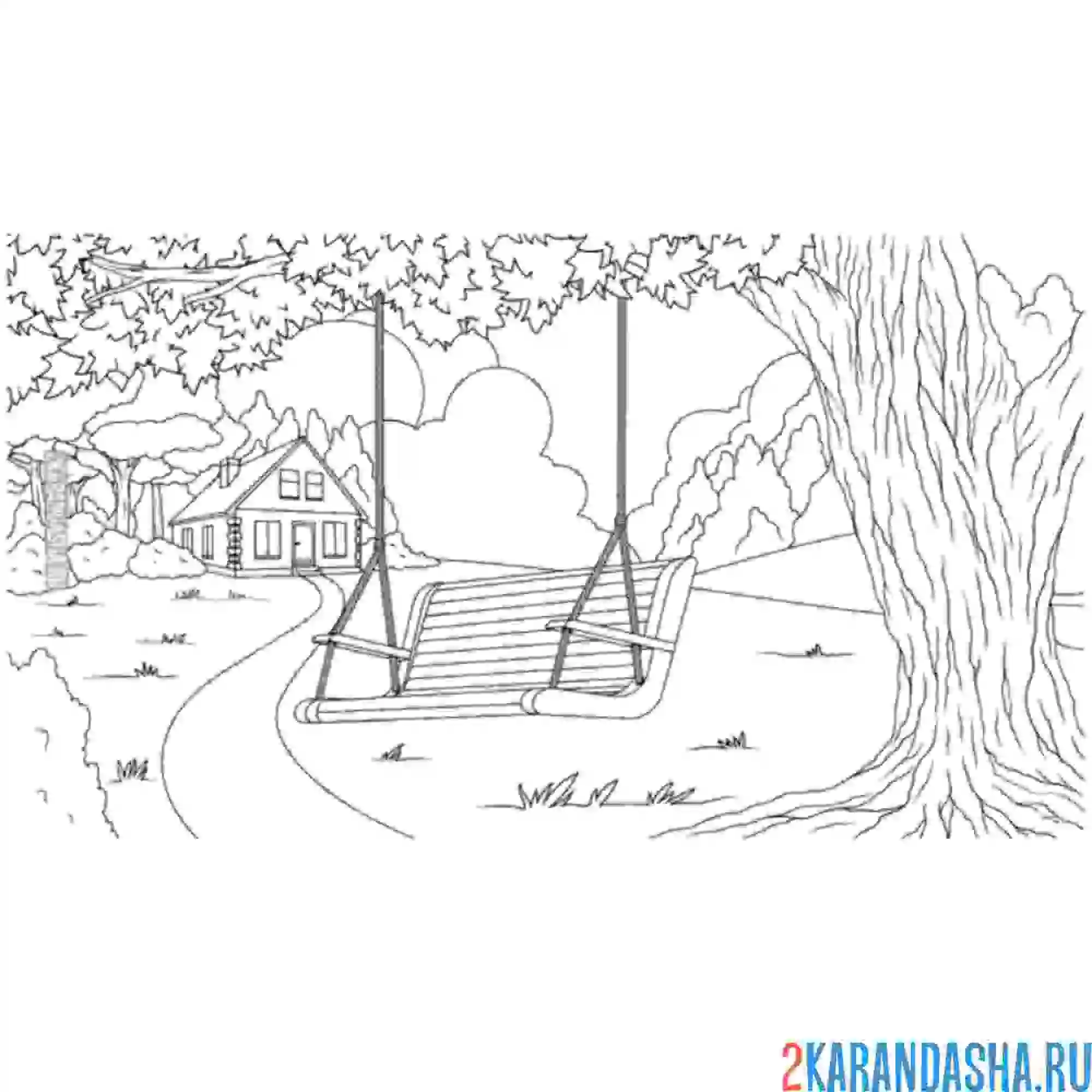 Раскраска качели в лесу