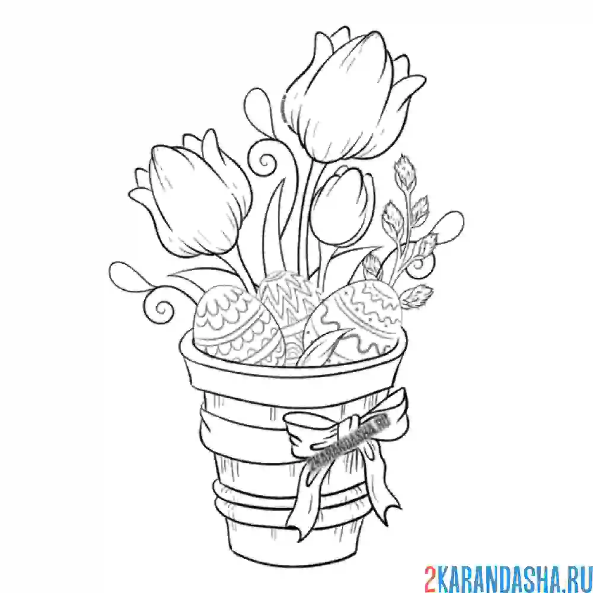 Раскраска красивая пасхальная композиция с цветами и яйцами