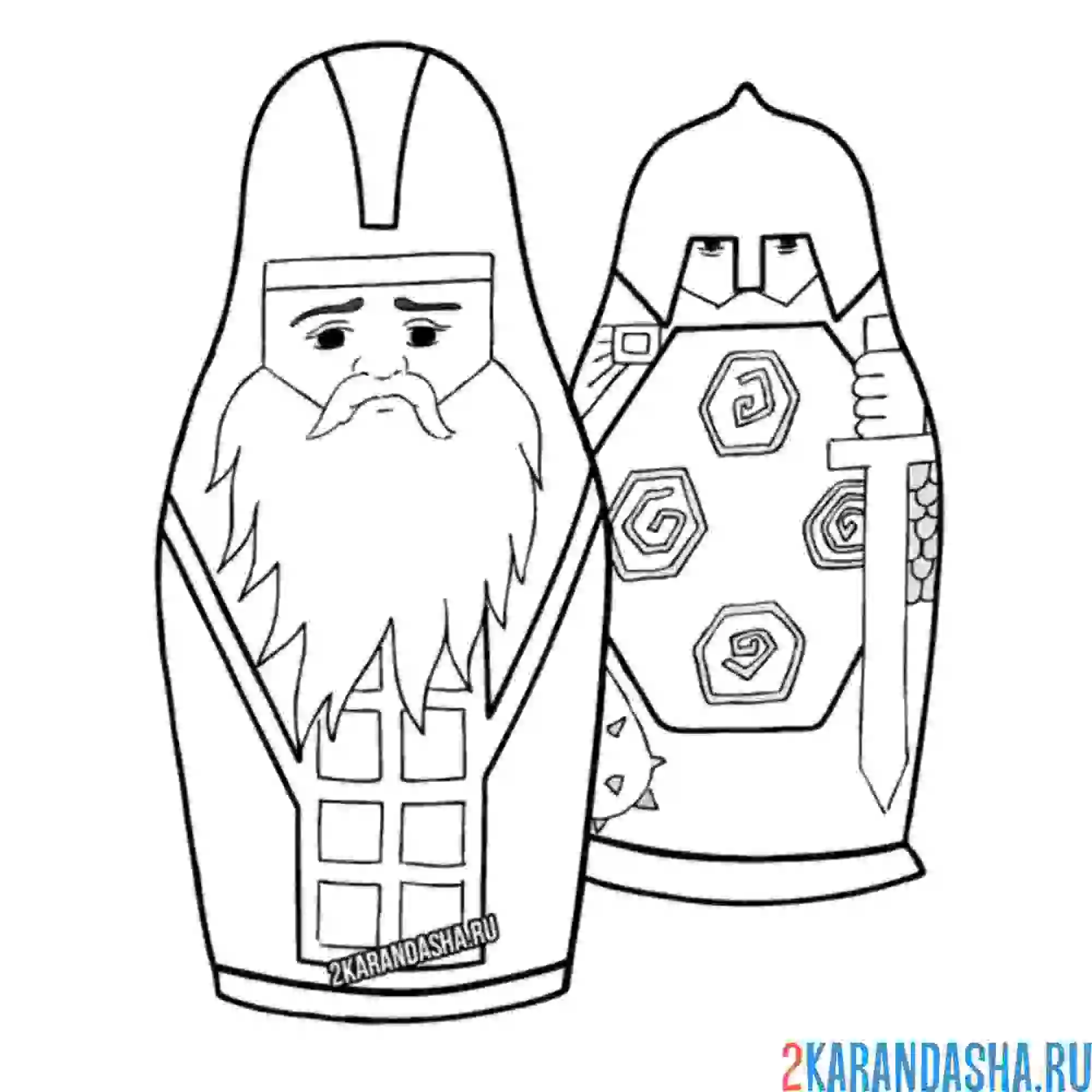 Раскраска матрешка богатыри