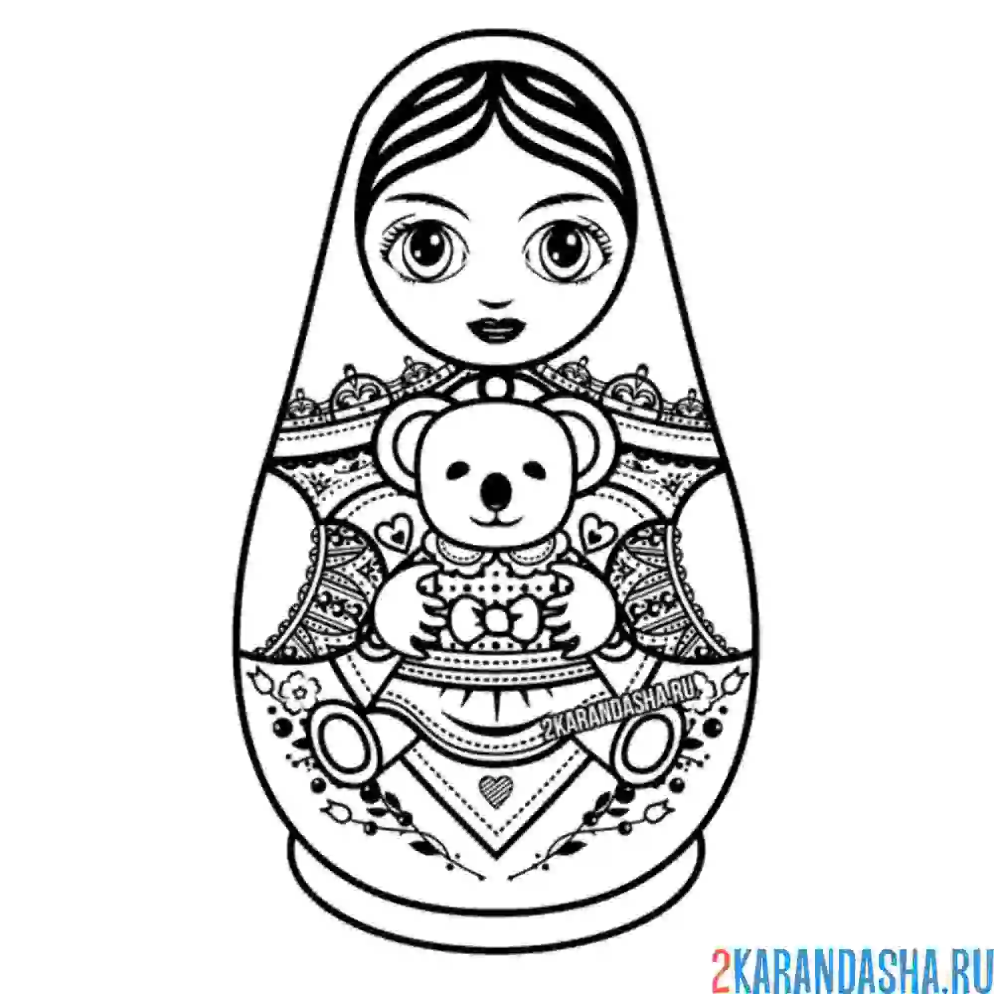 Раскраска матрешка с плюшевым мишкой