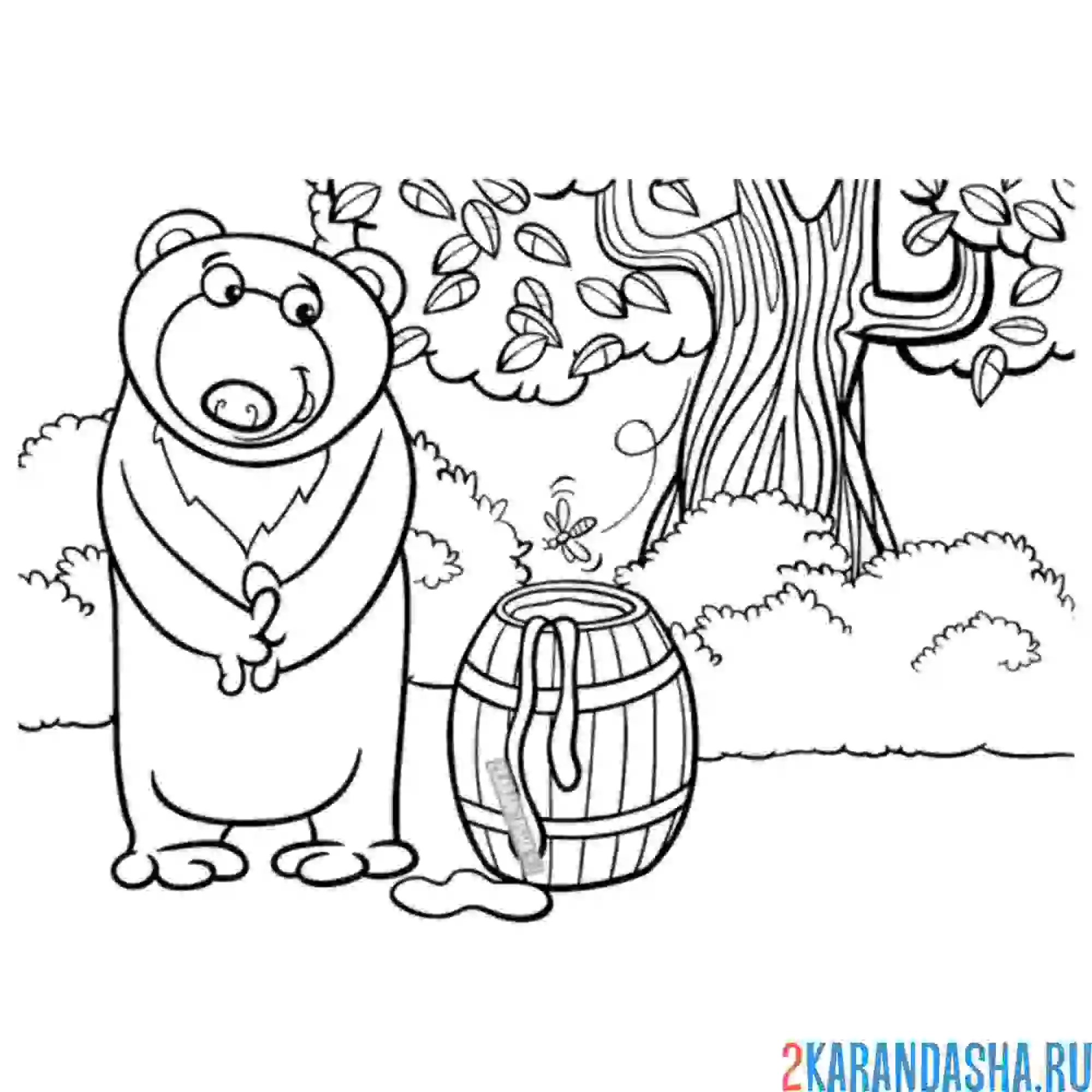 Раскраска мишка в лесу и мед