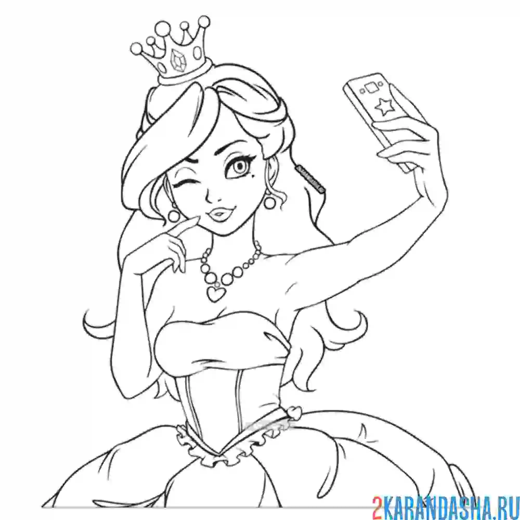 Раскраска модная принцесса селфи