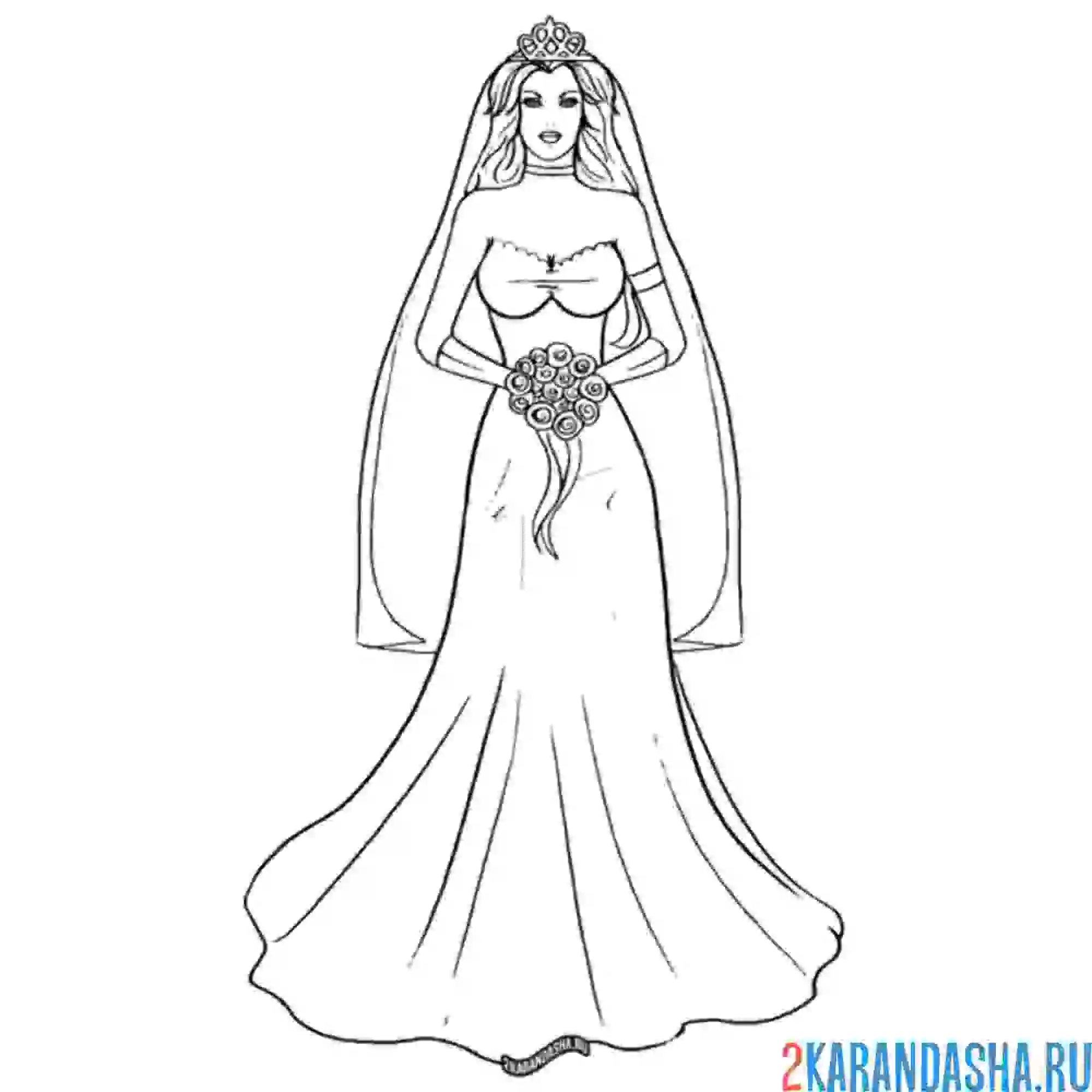 Раскраска невеста в свадебное платье