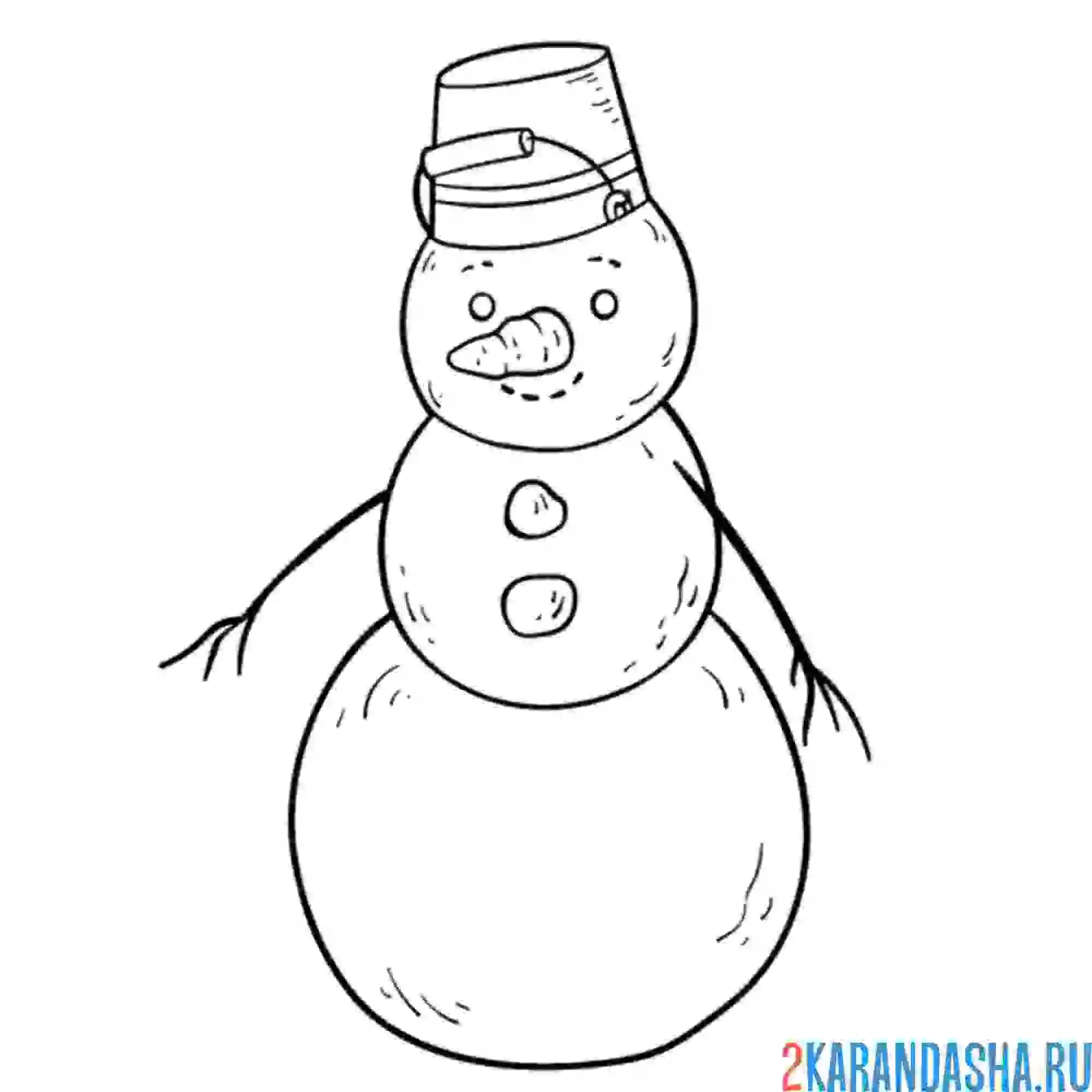 Раскраска снежный снеговик с ведром на голове