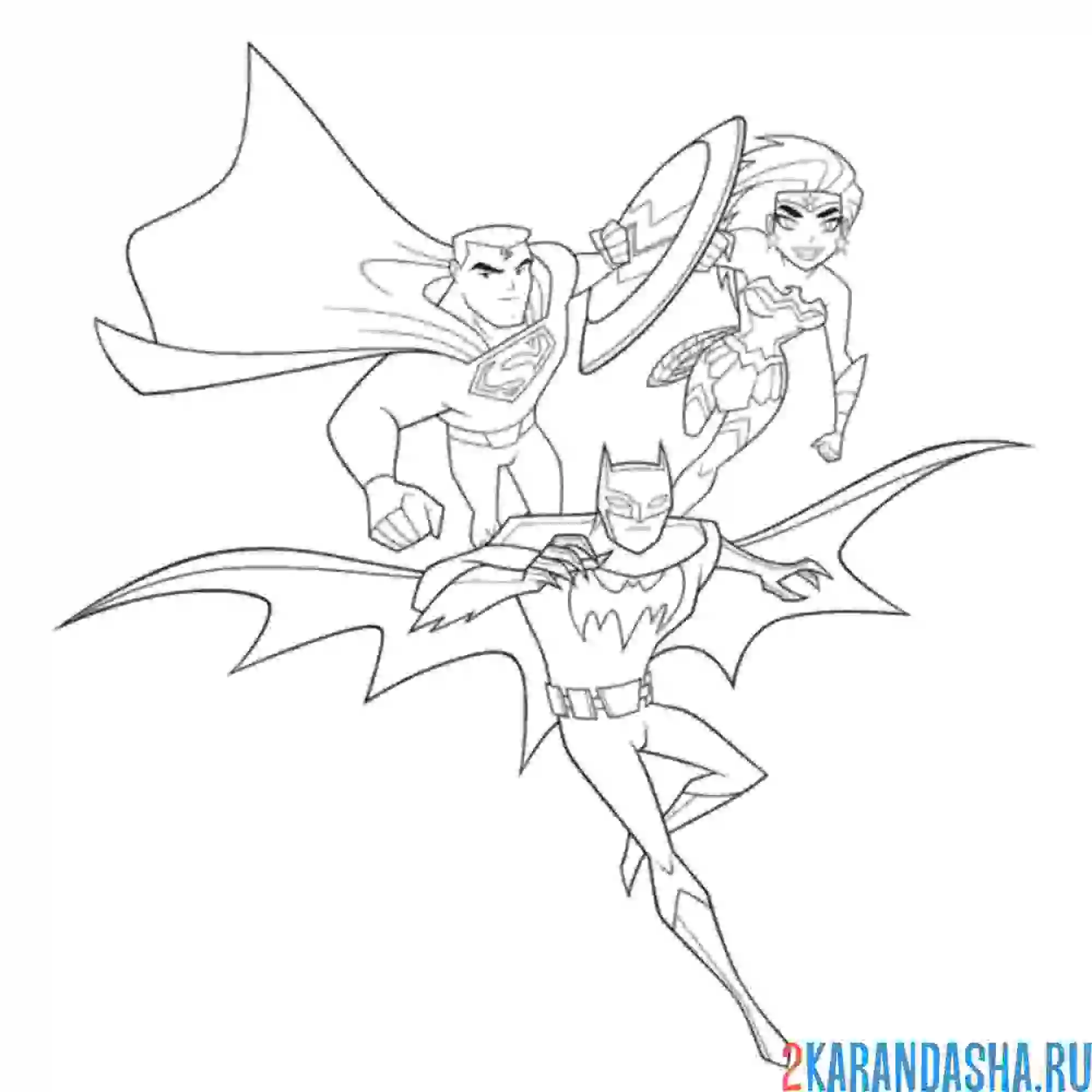 Раскраска супермен, бэтмен и чудо-женщина