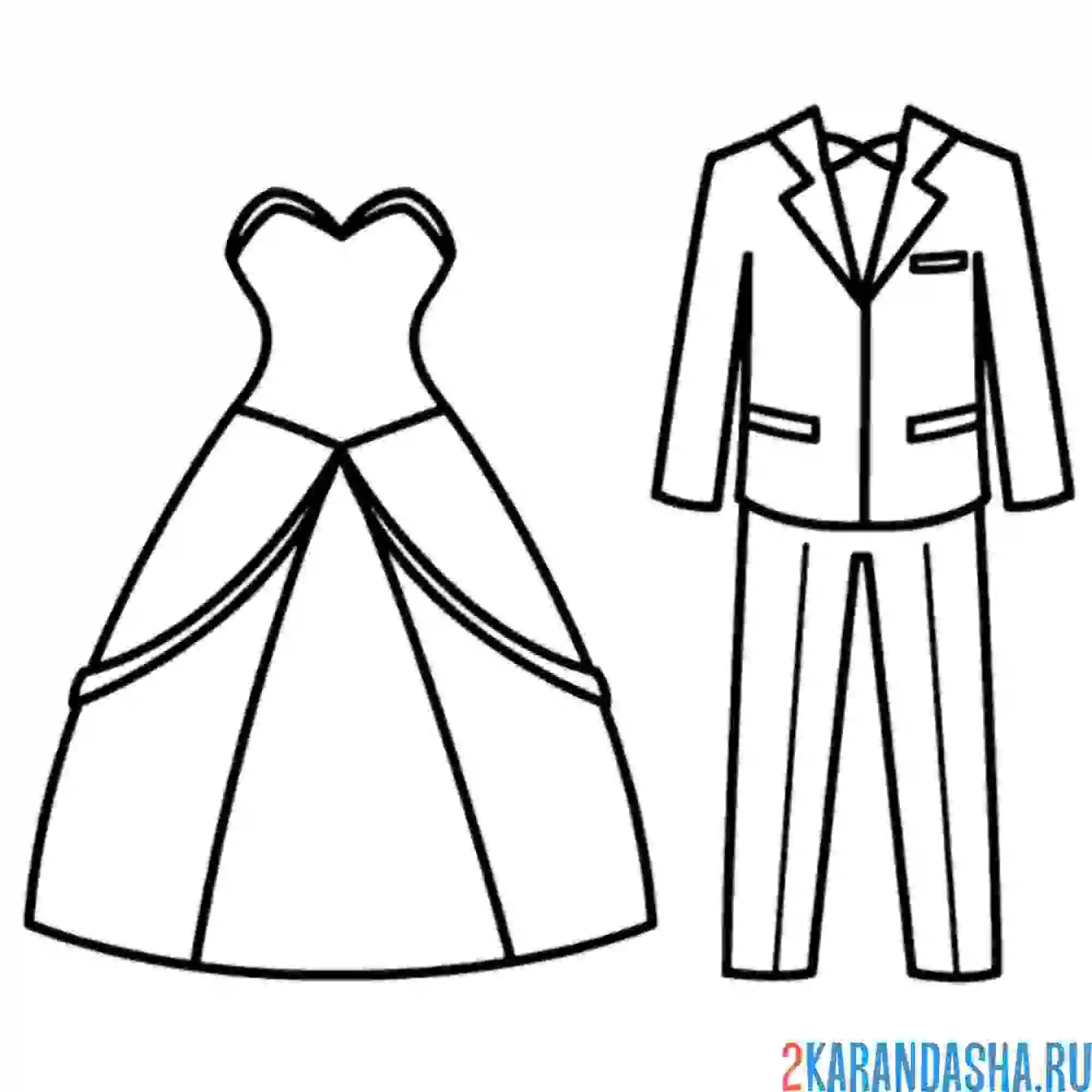 Раскраска свадебное платье и костюм жениха