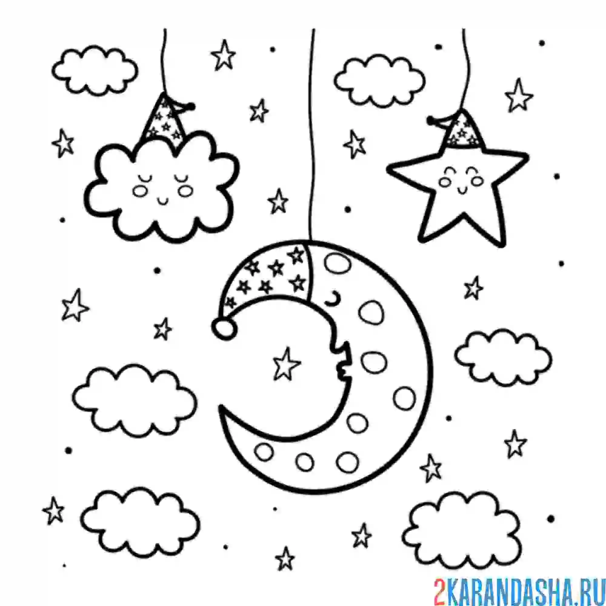 Раскраска звезды в небе и луна