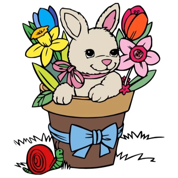 пример раскраски весенний букет цветов и милый зайка