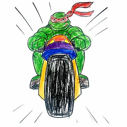 Цветной пример раскраски крутой черепашка-ниндзя на мотоцикле