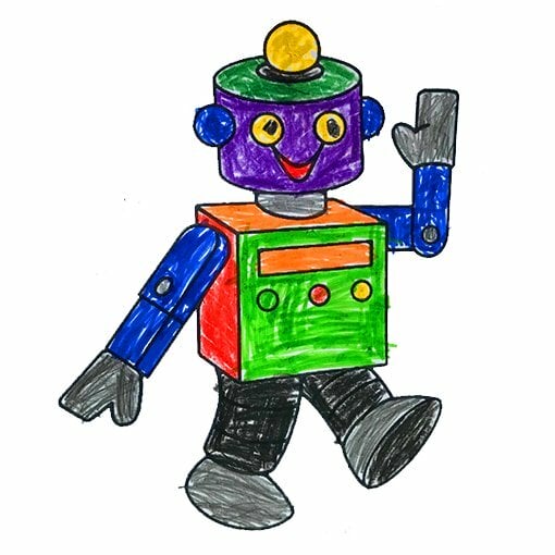 Цветной вариант раскраски робот-малыш машет