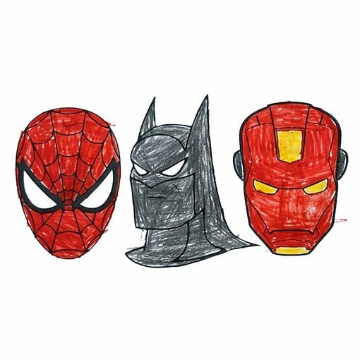 Цветной пример раскраски три маски бэтмена, человека-паука и железного человека