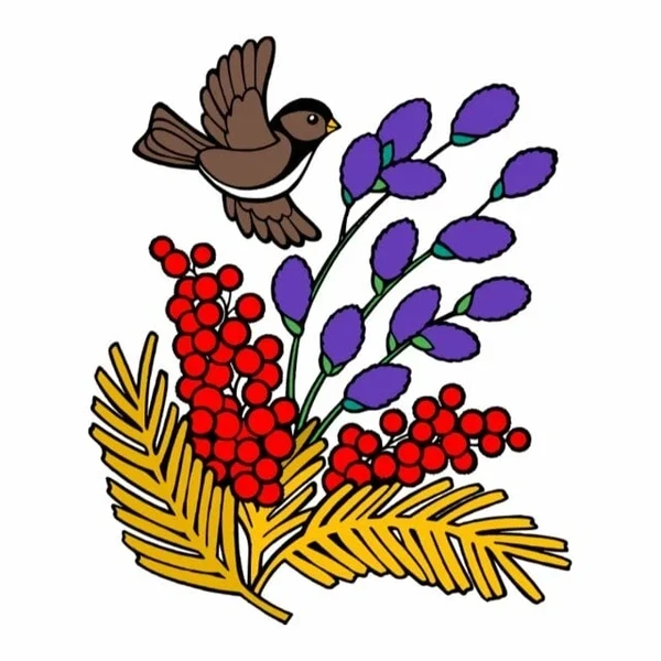 Цветной пример раскраски птичка и весенние вербные веточки