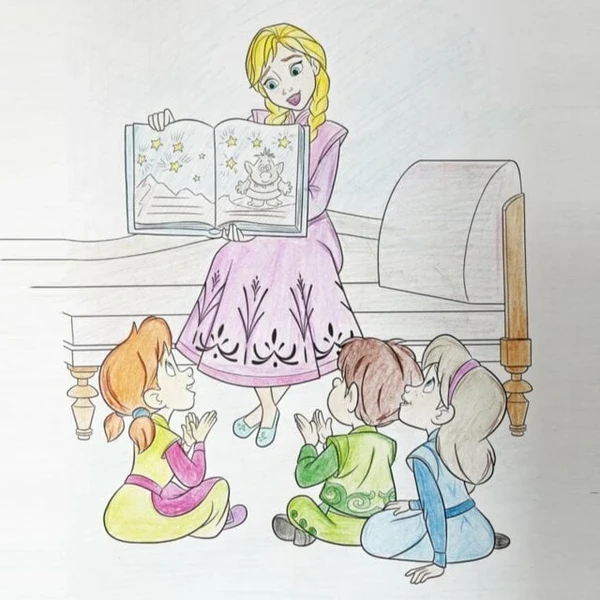 Цветной пример раскраски анна читает сказку мэри и детям о троллях