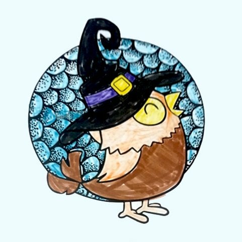 Цветной пример раскраски птичка в шляпе хэллоуин
